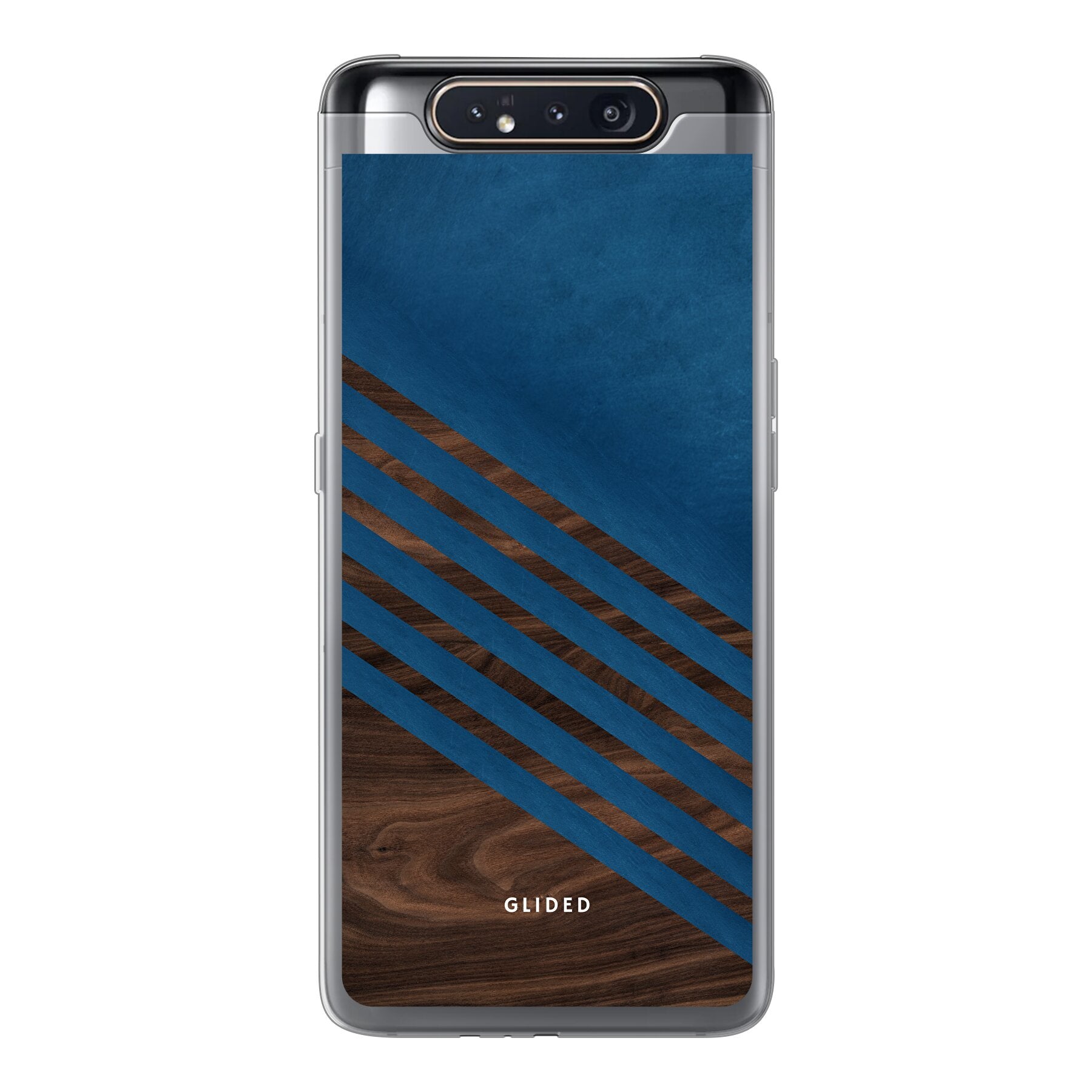 Blue Wood Handyhülle für Samsung Galaxy A80 mit klassischem Holzmuster und dunkelblauem Farbblock, stilvoll und schützend.