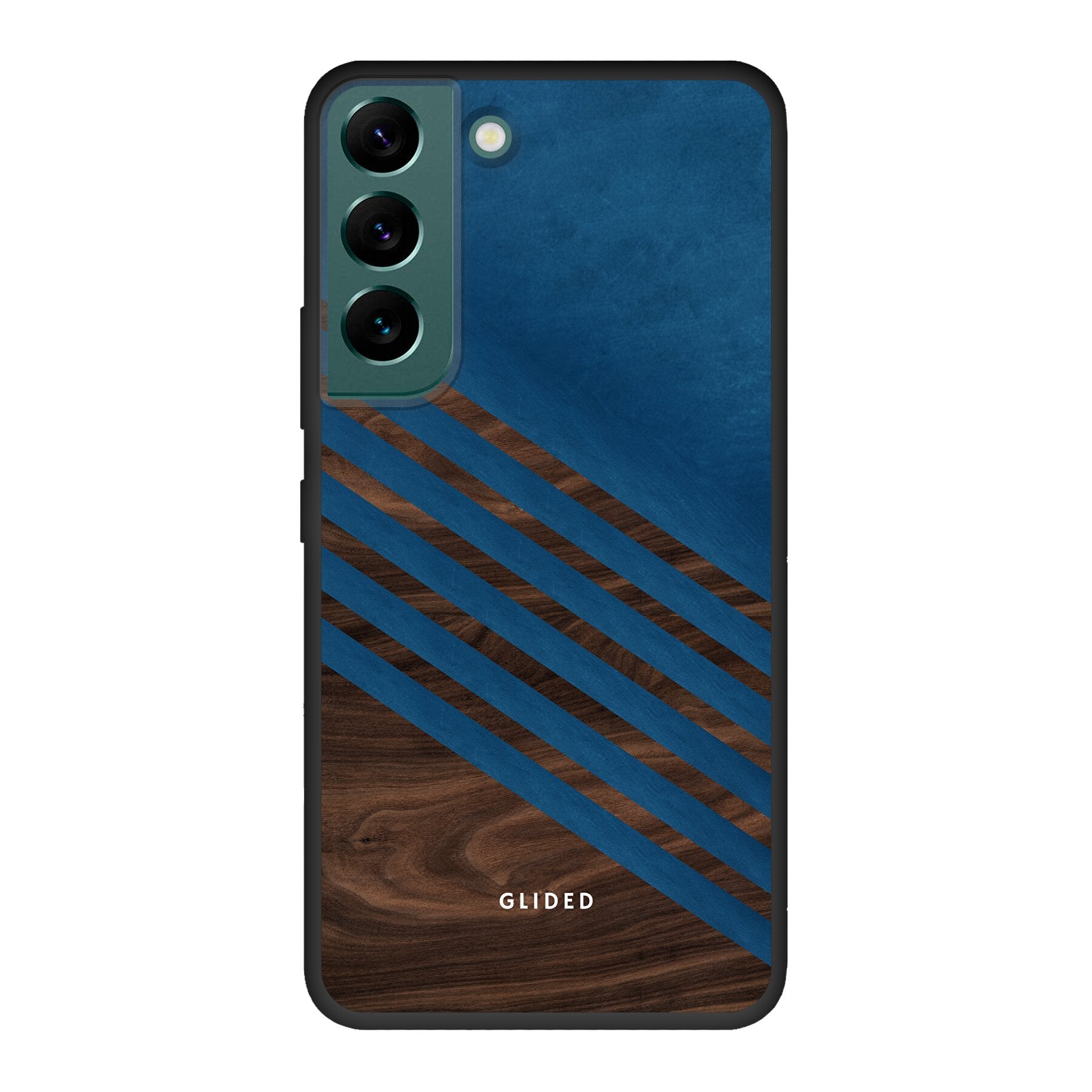 Blue Wood Handyhülle für Samsung Galaxy S22 mit klassischem Holzmuster und dunkelblauem Farbblock, stilvoll und schützend.