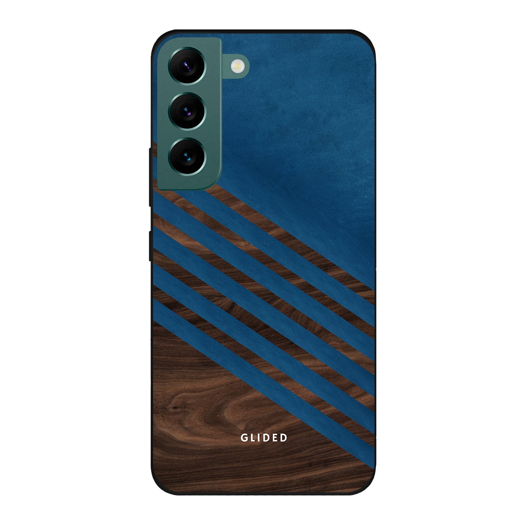 Blue Wood Handyhülle für Samsung Galaxy S22 mit klassischem Holzmuster und dunkelblauem Farbblock, stilvoll und schützend.