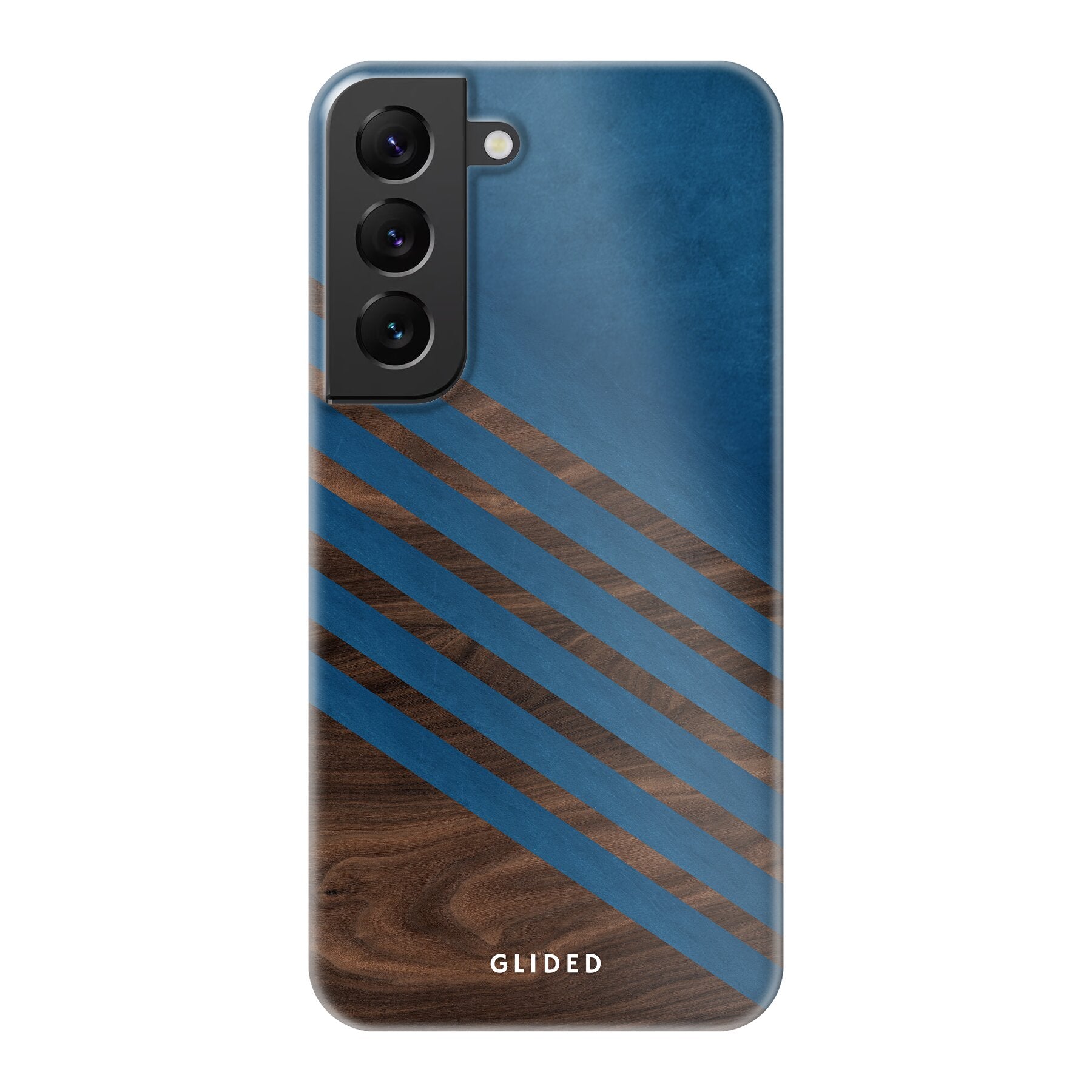 Blue Wood Handyhülle für Samsung Galaxy S22 mit klassischem Holzmuster und dunkelblauem Farbblock, stilvoll und schützend.