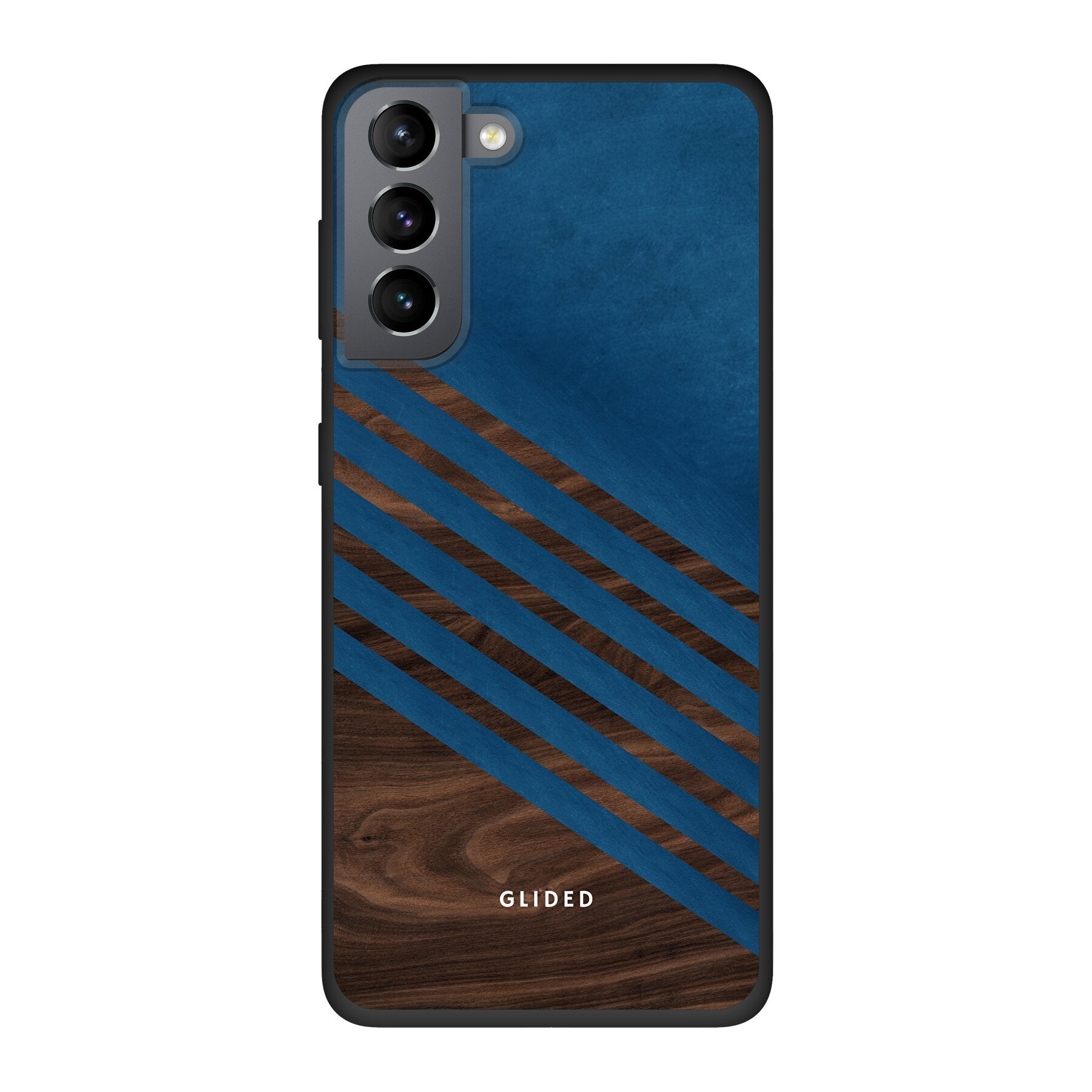 Blue Wood Handyhülle für Samsung Galaxy S21 5G mit klassischem Holzmuster und dunkelblauem Farbblock, stilvoll und schützend.