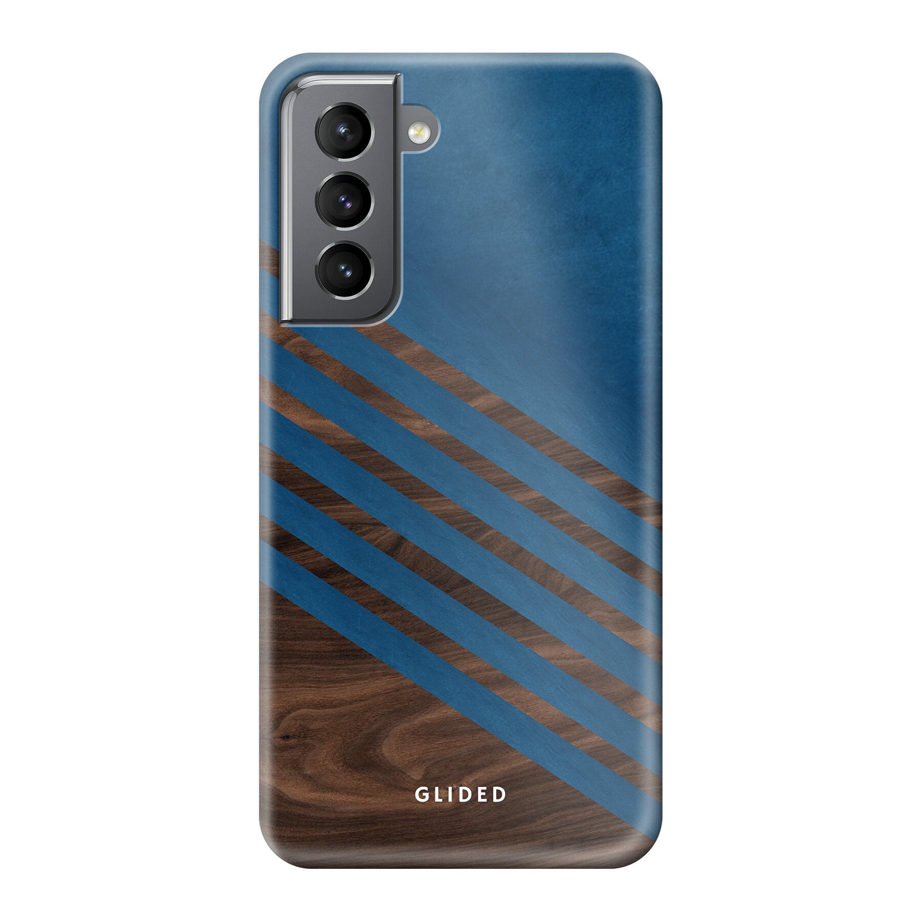 Blue Wood Handyhülle für Samsung Galaxy S21 5G mit klassischem Holzmuster und dunkelblauem Farbblock, stilvoll und schützend.