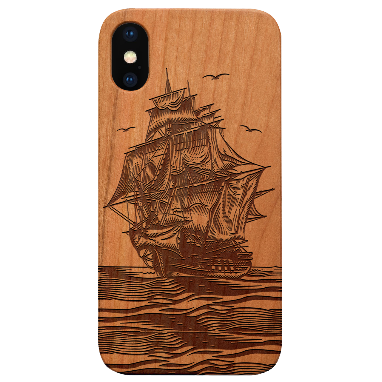 Boat Engraved wooden phone case showcasing unique laser-engraved design and natural wood finish.