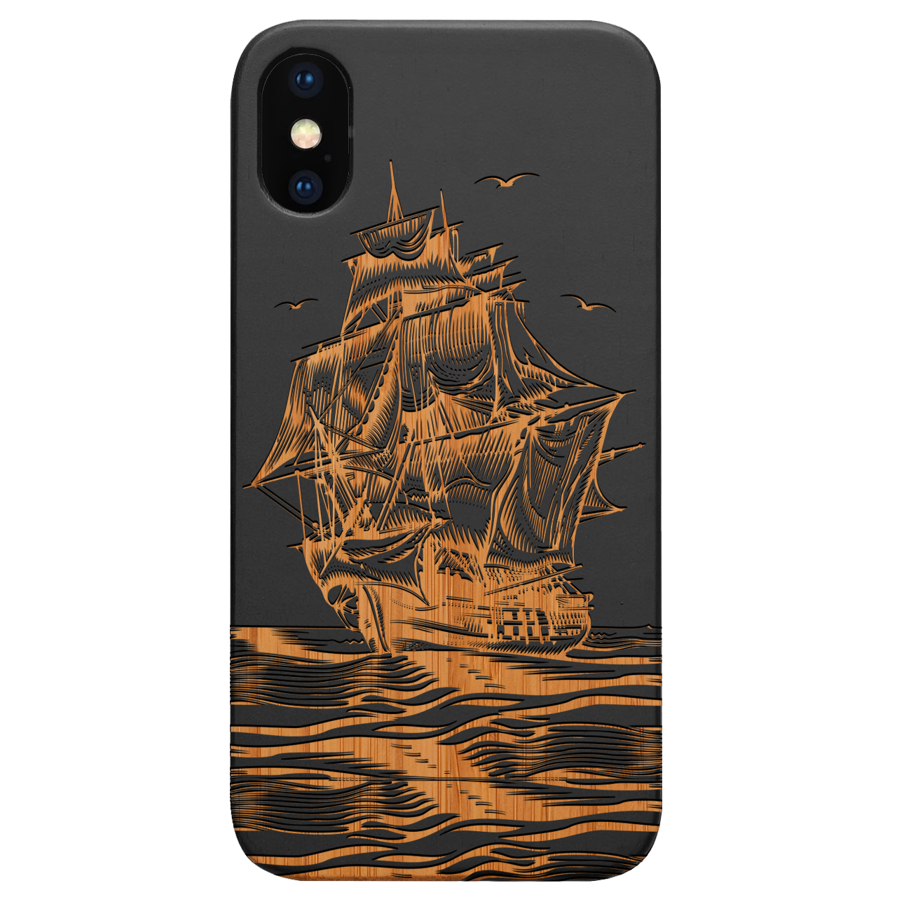 Boat Engraved wooden phone case showcasing unique laser-engraved design and natural wood finish.