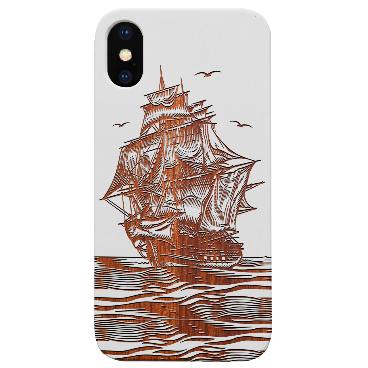 Boat Engraved wooden phone case showcasing unique laser-engraved design and natural wood finish.