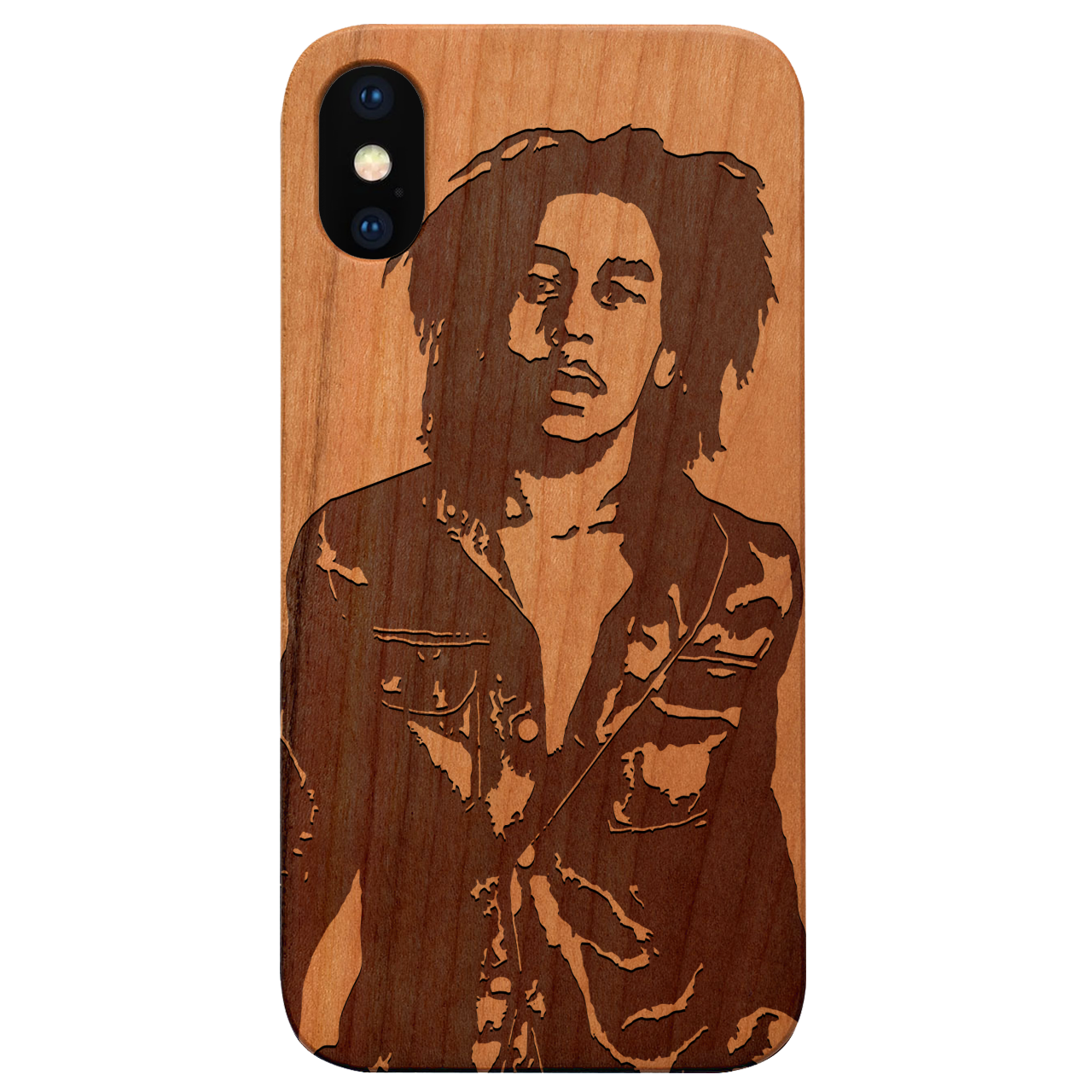 Bob Marley 2 Engraved wooden phone case featuring intricate laser engraving and a natural wood finish, designed for iPhone and Samsung models.