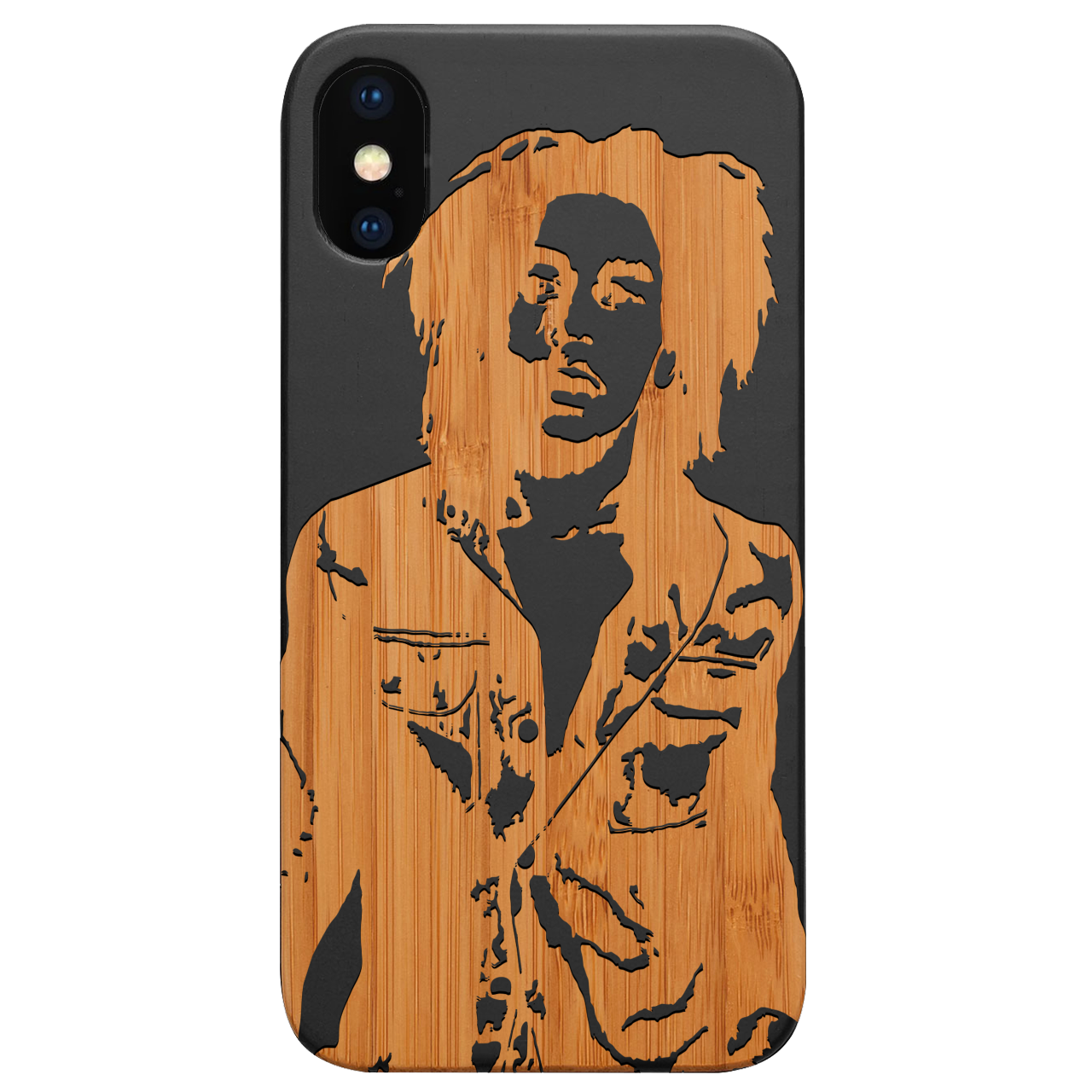 Bob Marley 2 Engraved wooden phone case featuring intricate laser engraving and a natural wood finish, designed for iPhone and Samsung models.