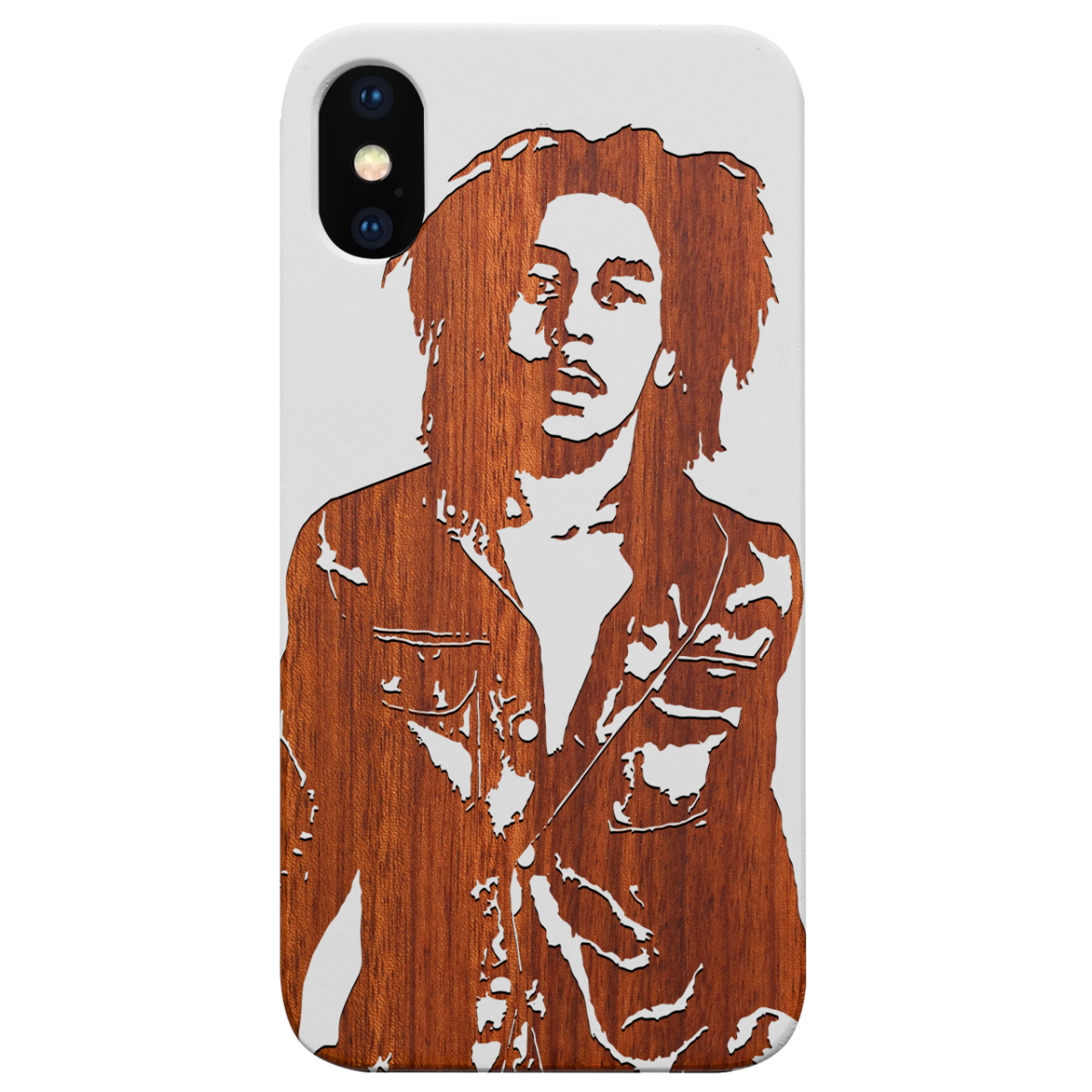 Bob Marley 2 Engraved wooden phone case featuring intricate laser engraving and a natural wood finish, designed for iPhone and Samsung models.