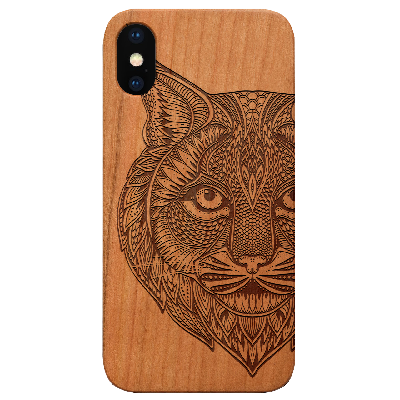 Bobcat Engraved wooden phone case showcasing unique laser-engraved design and natural wood finish.