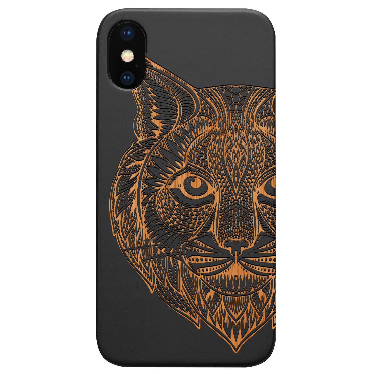 Bobcat Engraved wooden phone case showcasing unique laser-engraved design and natural wood finish.