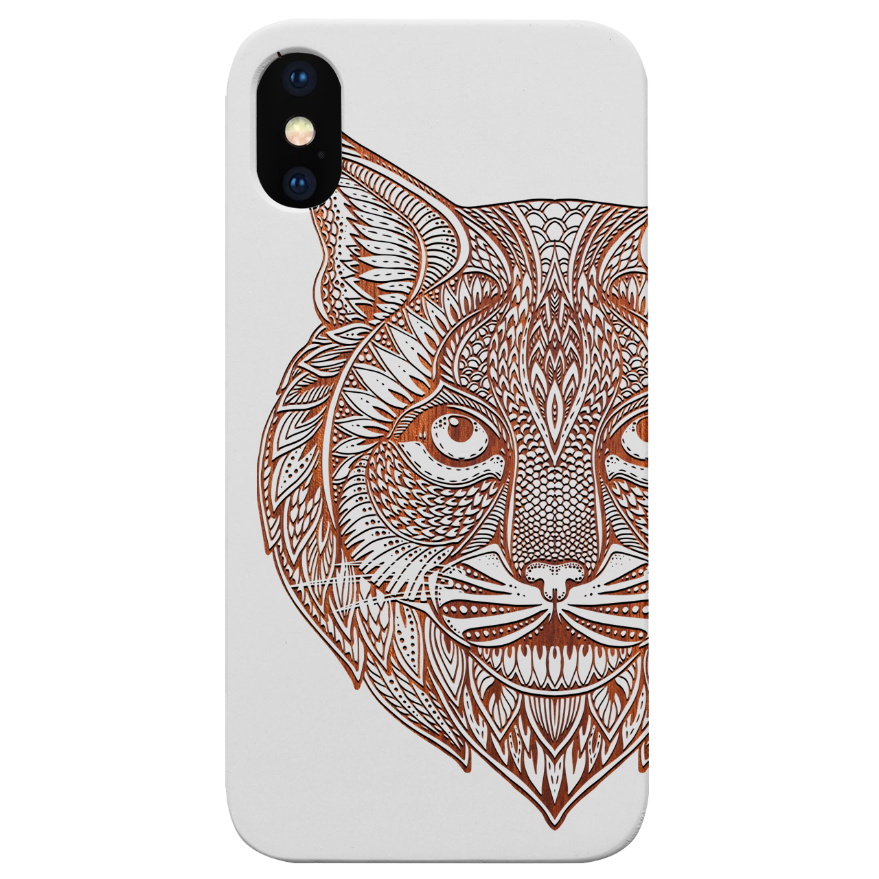 Bobcat Engraved wooden phone case showcasing unique laser-engraved design and natural wood finish.