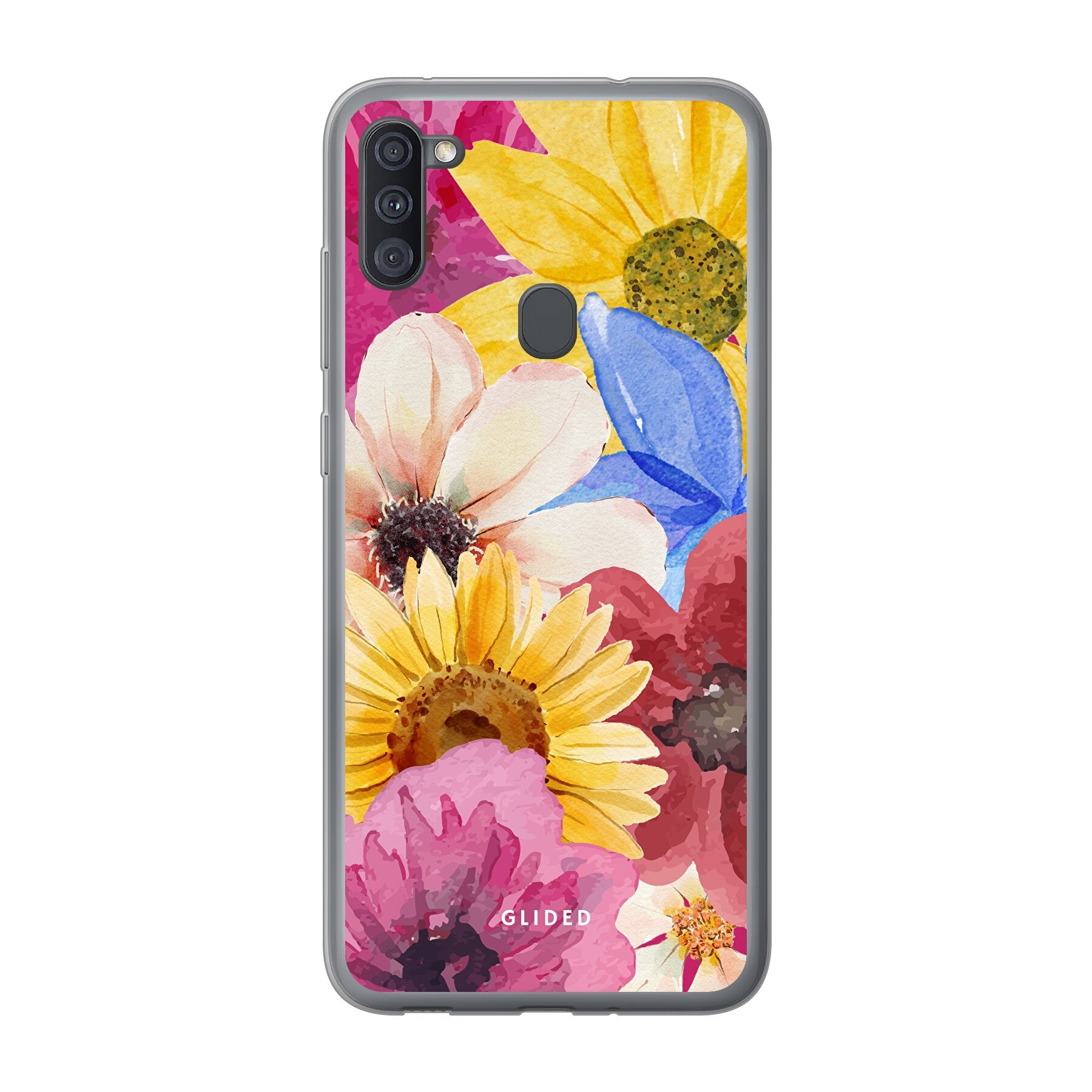 Bouquet Handyhülle für Samsung Galaxy A11 mit floralen Designs, die lebendige Farben und elegante Blumenmuster zeigt.