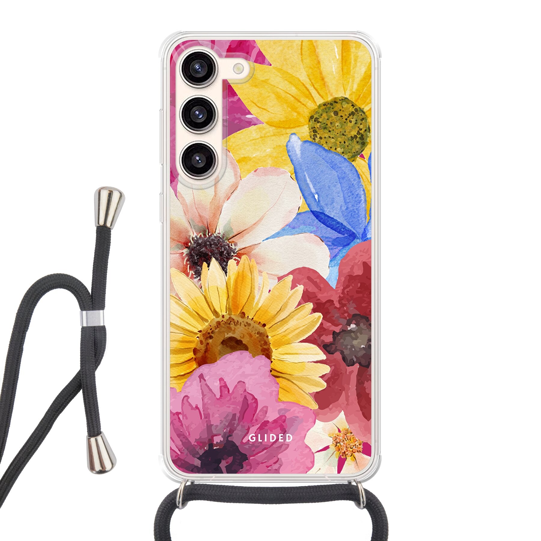 Bouquet Handyhülle für Samsung Galaxy S23 Plus mit floralen Designs in lebendigen Farben, bietet stilvollen Schutz und Eleganz.