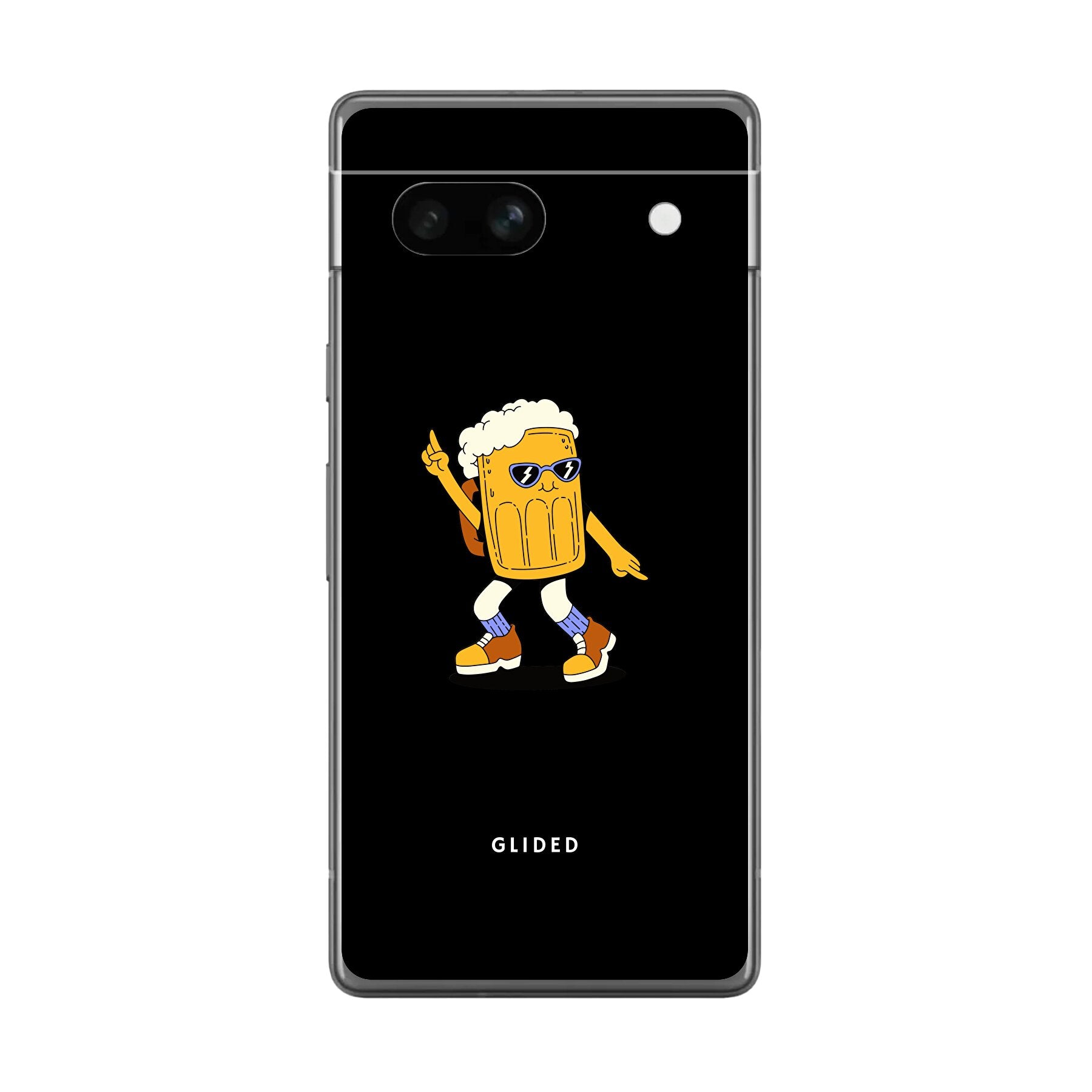 Brew Dance Handyhülle für Google Pixel 7a mit einem fröhlichen tanzenden Bier auf lebhaftem Hintergrund, ideal für Bierliebhaber.