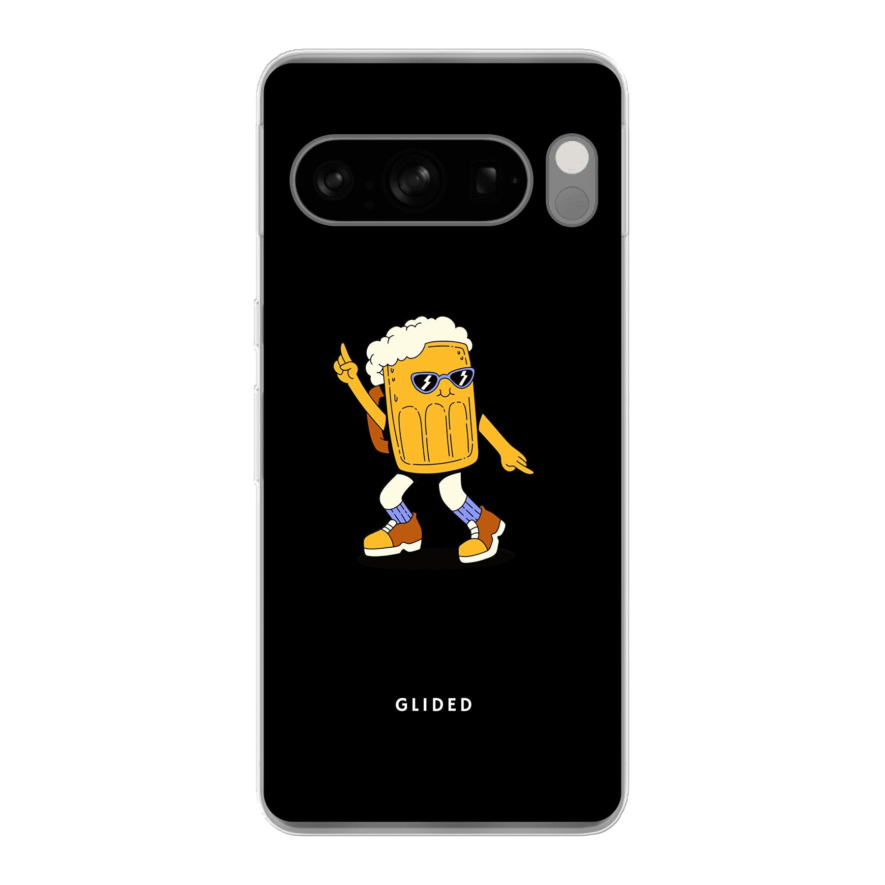 Brew Dance Handyhülle für Google Pixel 8 Pro mit fröhlichem tanzendem Bierdesign auf lebhaftem Hintergrund.