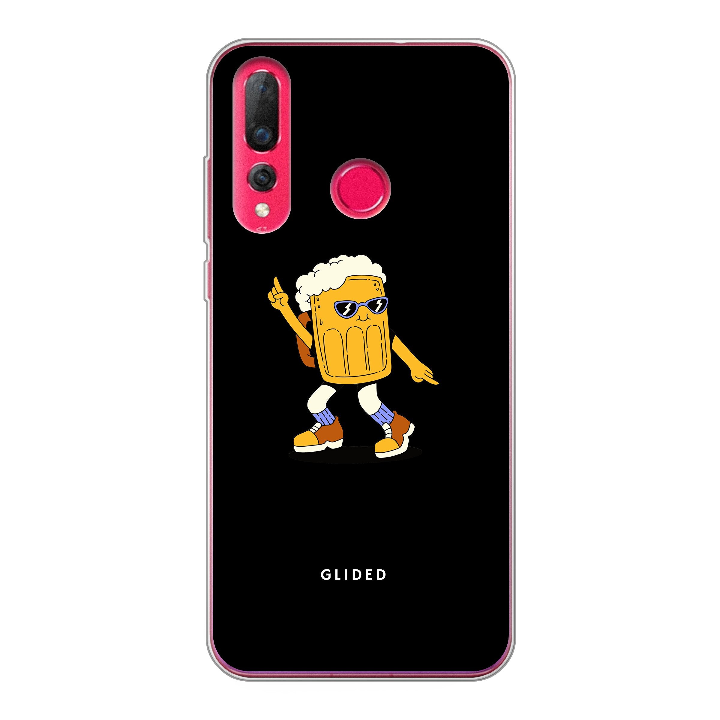 Brew Dance Huawei P30 Lite Handyhülle mit tanzendem Bier-Design auf buntem Hintergrund, ideal für Bierliebhaber.