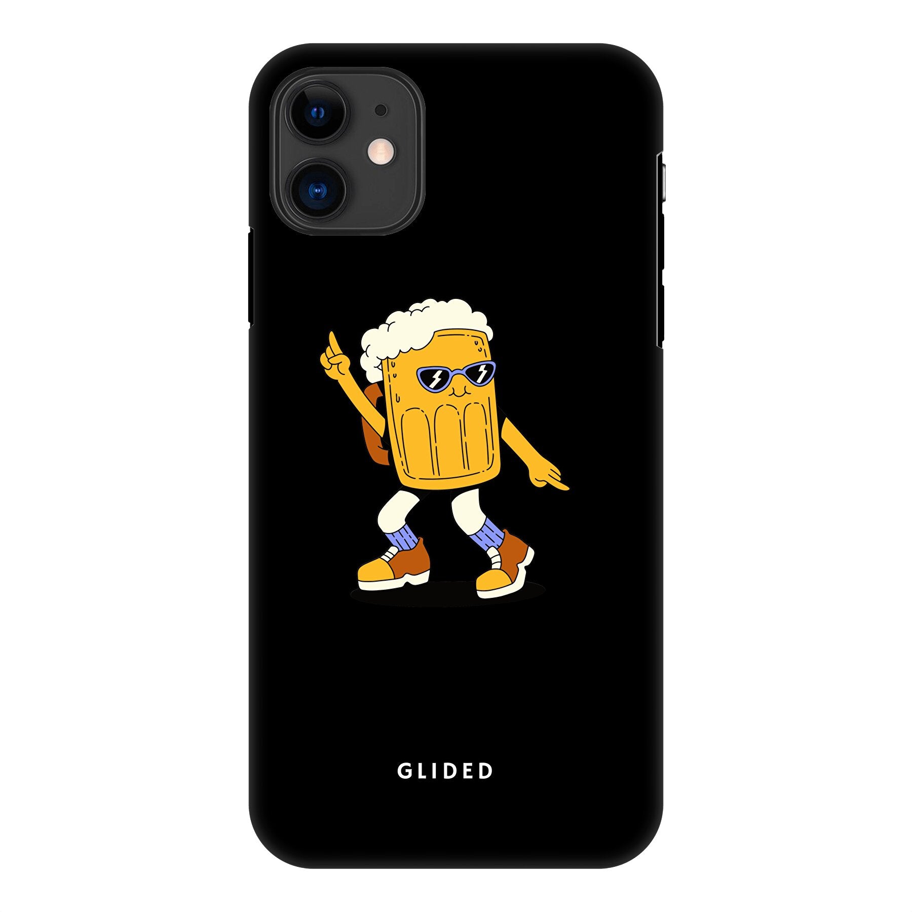 Brew Dance iPhone 11 Handyhülle mit fröhlichem tanzendem Bierdesign auf lebhaftem Hintergrund.