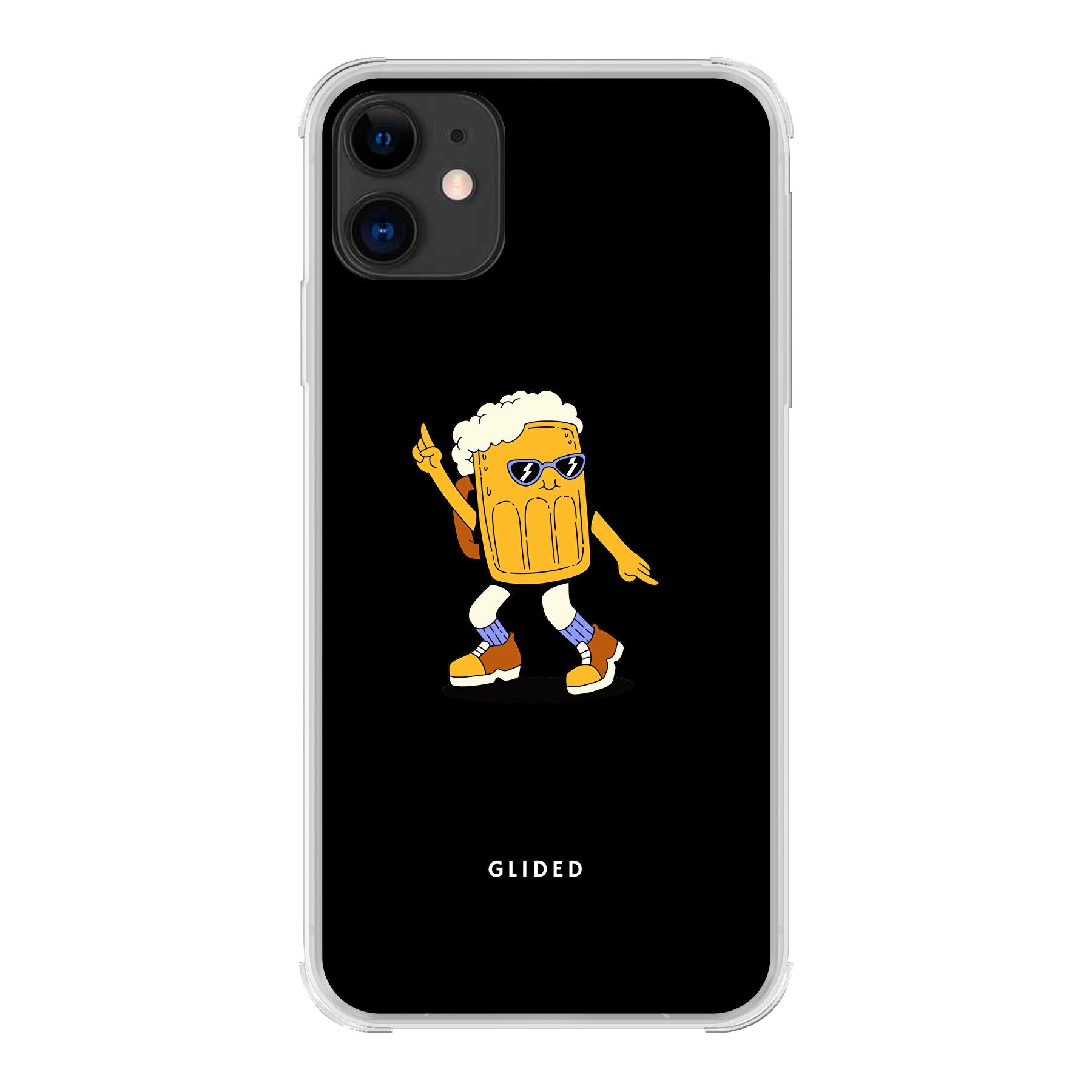 Brew Dance iPhone 11 Handyhülle mit fröhlichem tanzendem Bierdesign auf lebhaftem Hintergrund.