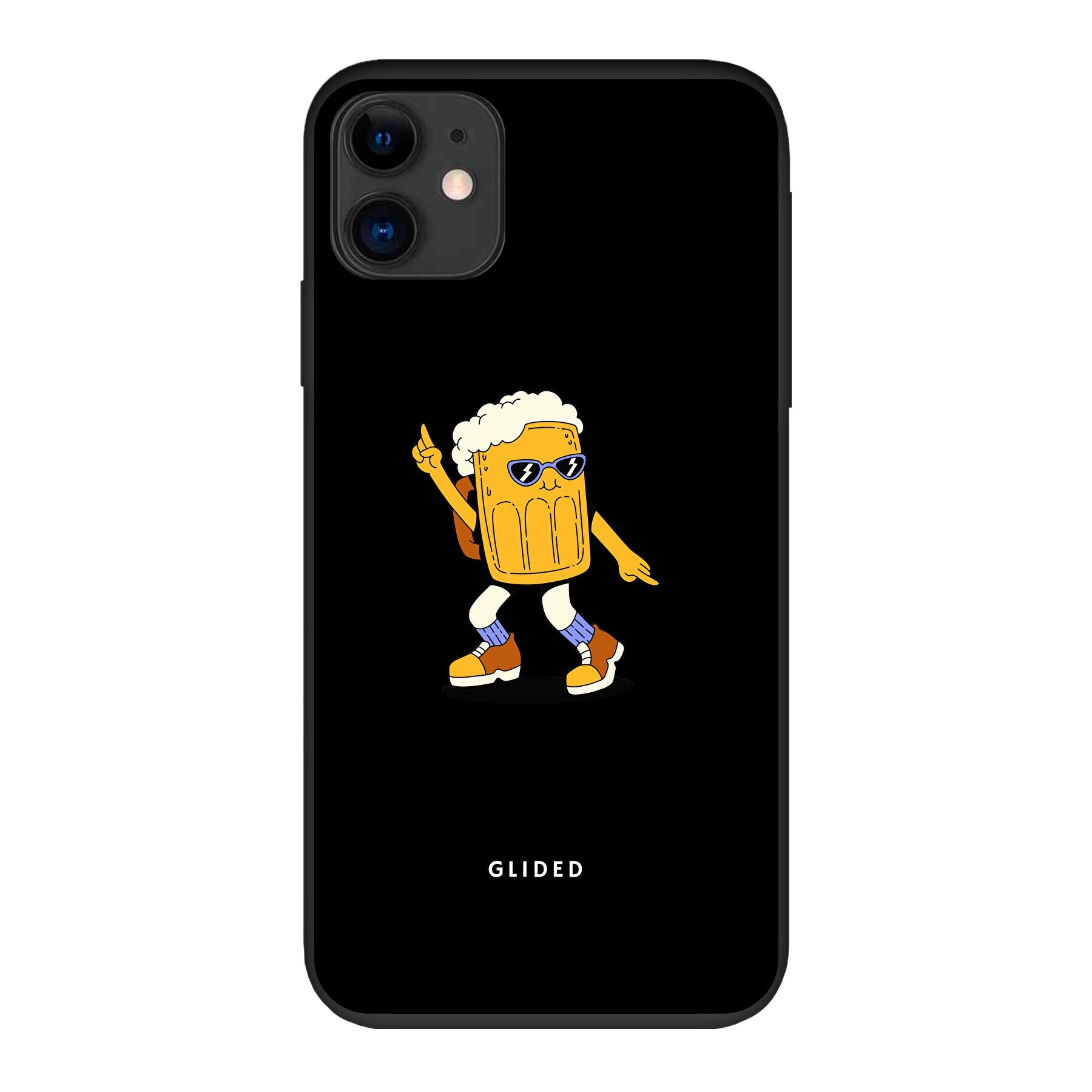 Brew Dance iPhone 11 Handyhülle mit fröhlichem tanzendem Bierdesign auf lebhaftem Hintergrund.