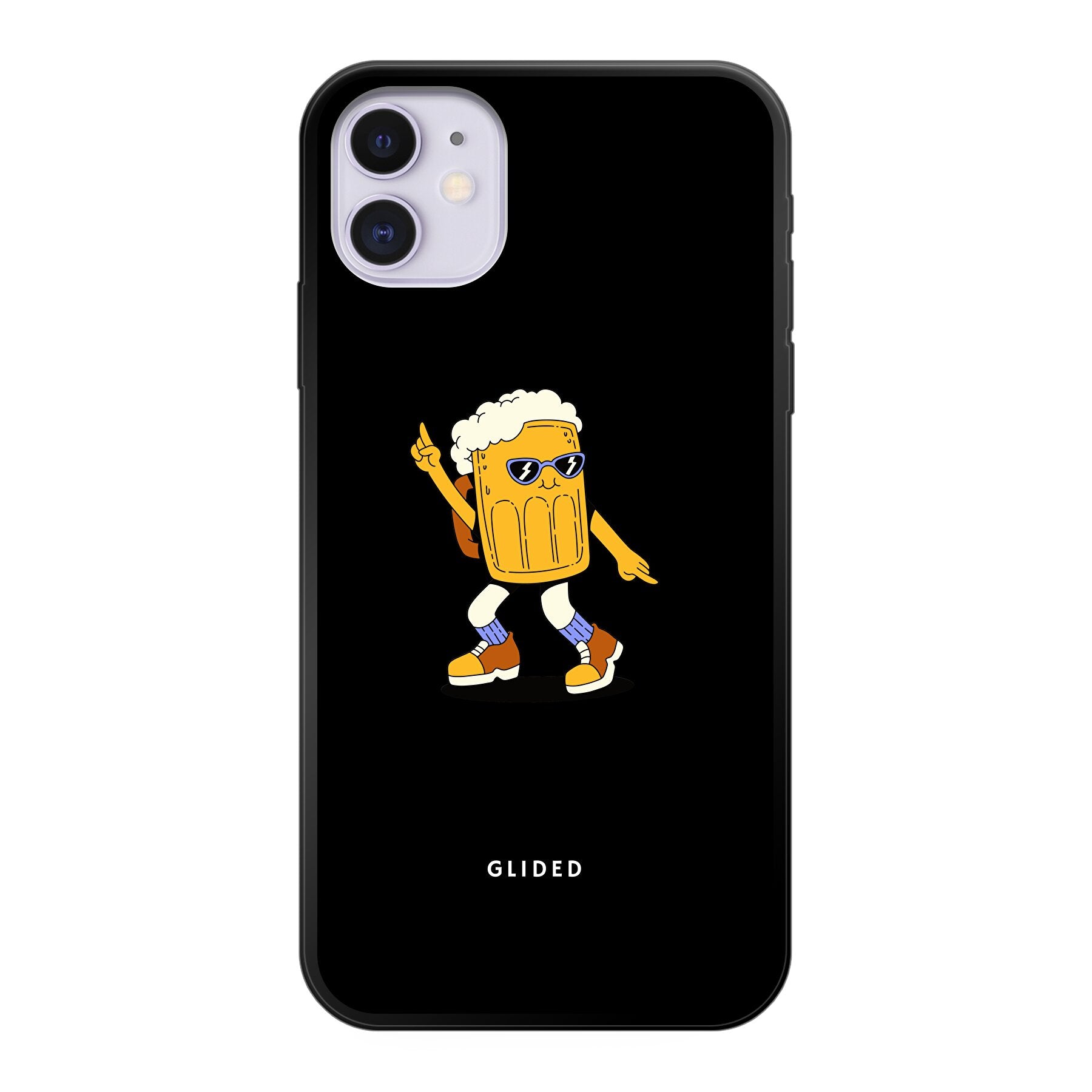 Brew Dance iPhone 11 Handyhülle mit fröhlichem tanzendem Bierdesign auf lebhaftem Hintergrund.