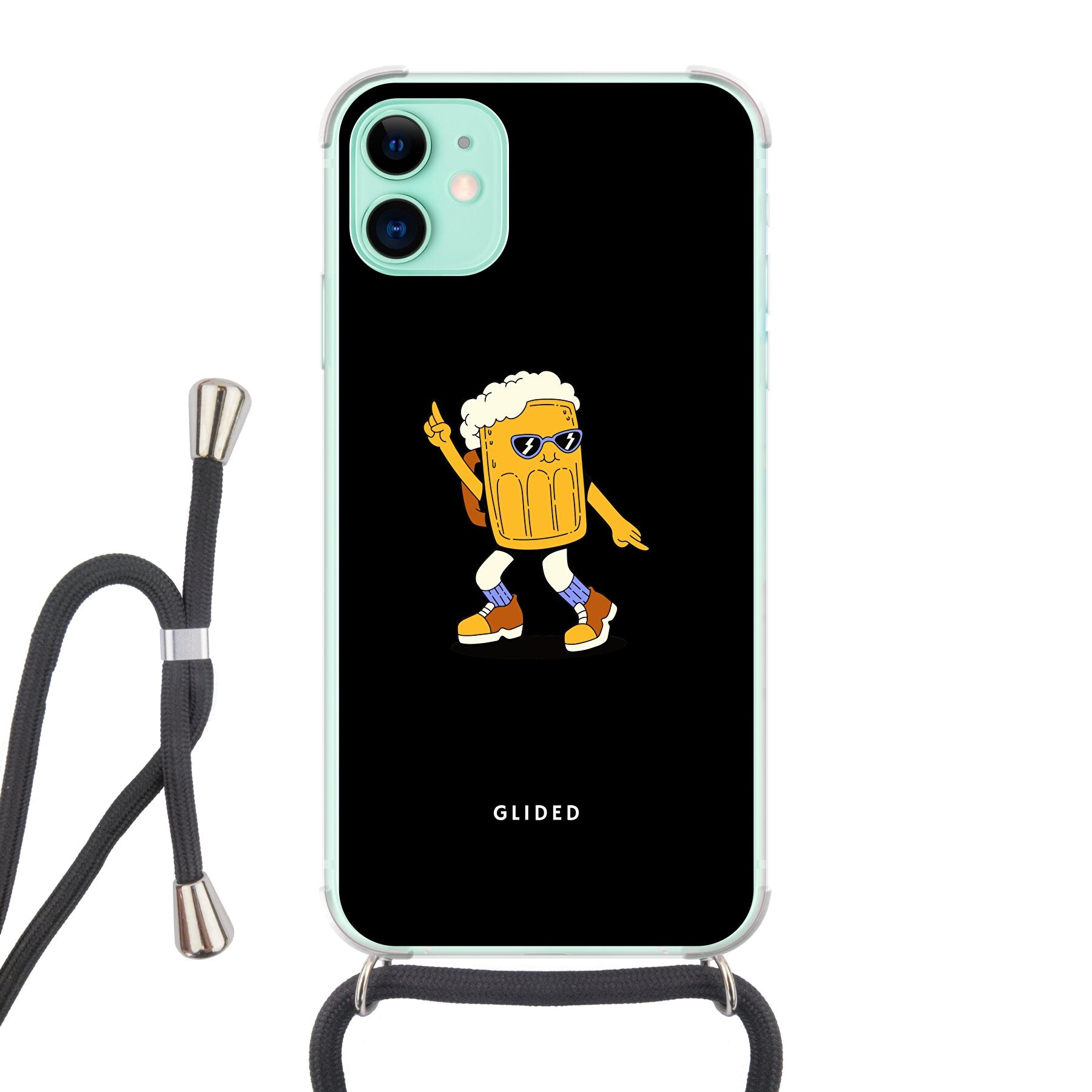 Brew Dance iPhone 11 Handyhülle mit fröhlichem tanzendem Bierdesign auf lebhaftem Hintergrund.