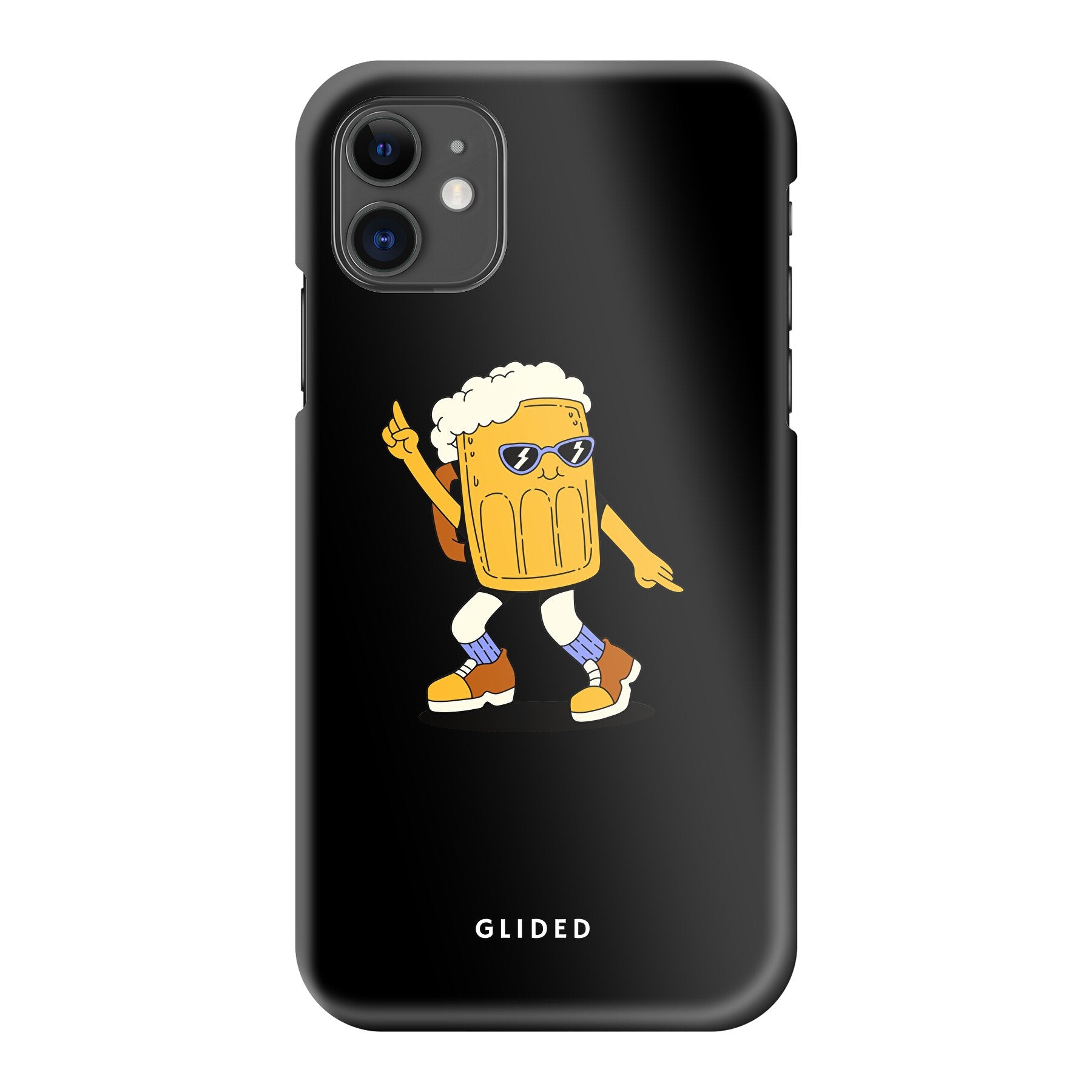 Brew Dance iPhone 11 Handyhülle mit fröhlichem tanzendem Bierdesign auf lebhaftem Hintergrund.