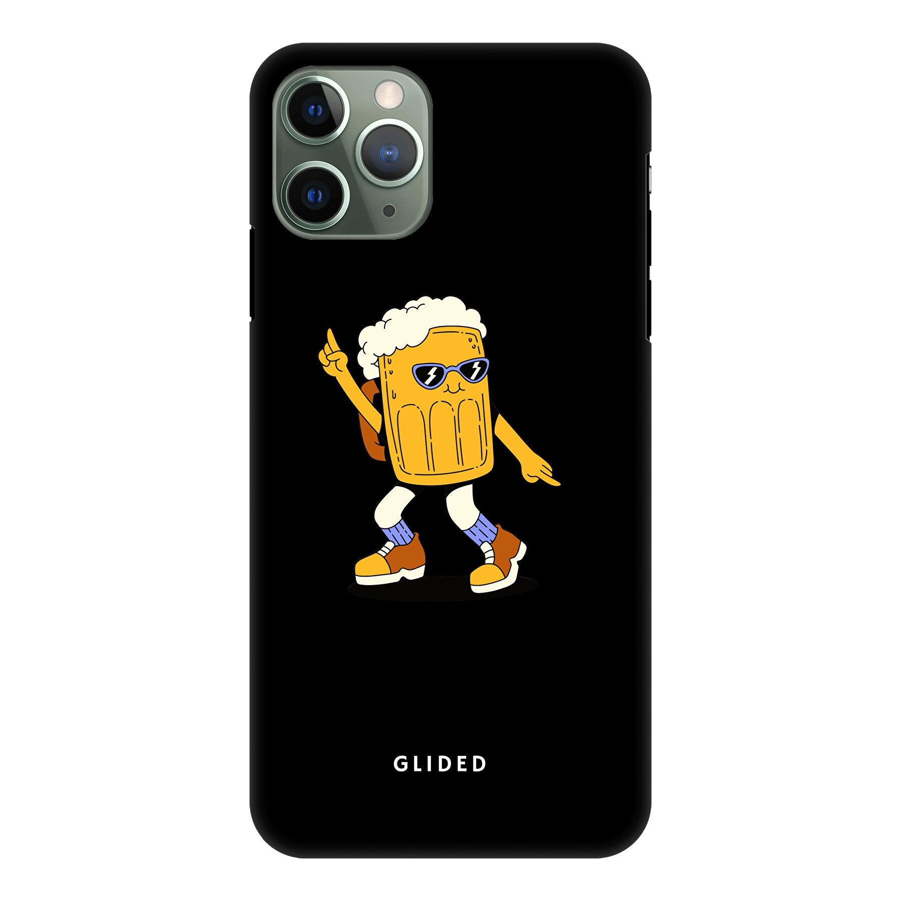 Brew Dance iPhone 11 Pro Handyhülle mit fröhlichem tanzendem Bier-Design auf lebhaftem Hintergrund.