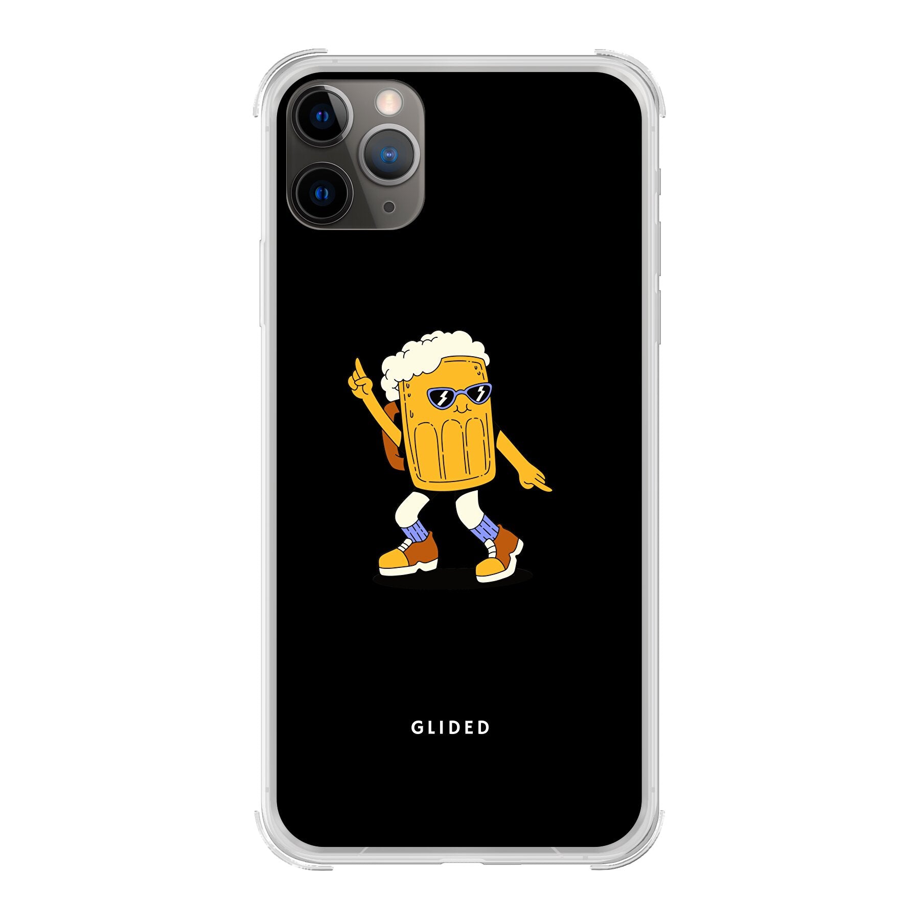 Brew Dance iPhone 11 Pro Handyhülle mit fröhlichem tanzendem Bier-Design auf lebhaftem Hintergrund.