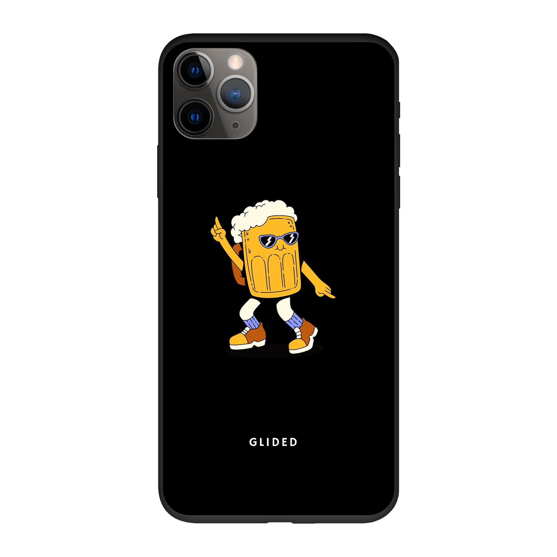 Brew Dance iPhone 11 Pro Handyhülle mit fröhlichem tanzendem Bier-Design auf lebhaftem Hintergrund.