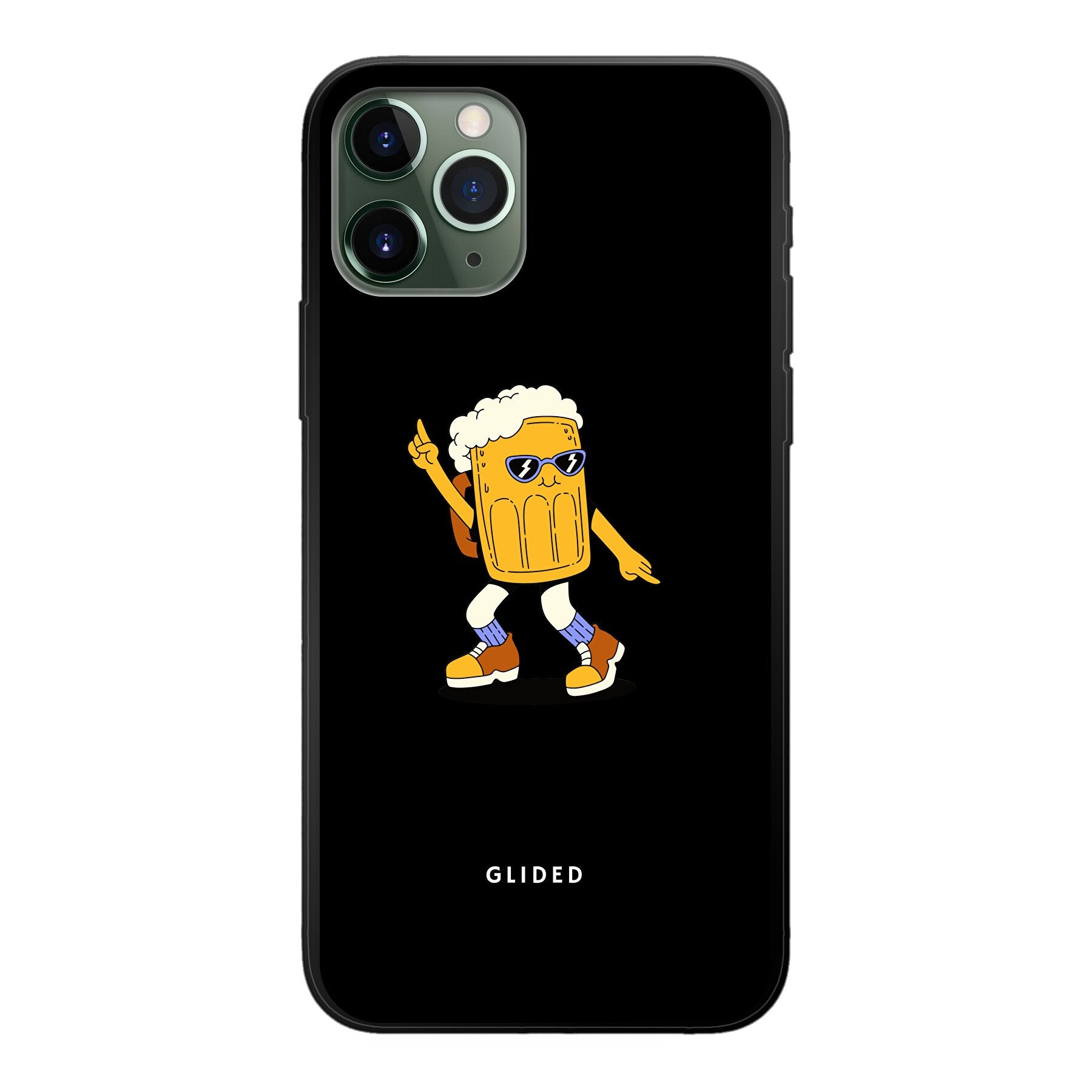 Brew Dance iPhone 11 Pro Handyhülle mit fröhlichem tanzendem Bier-Design auf lebhaftem Hintergrund.