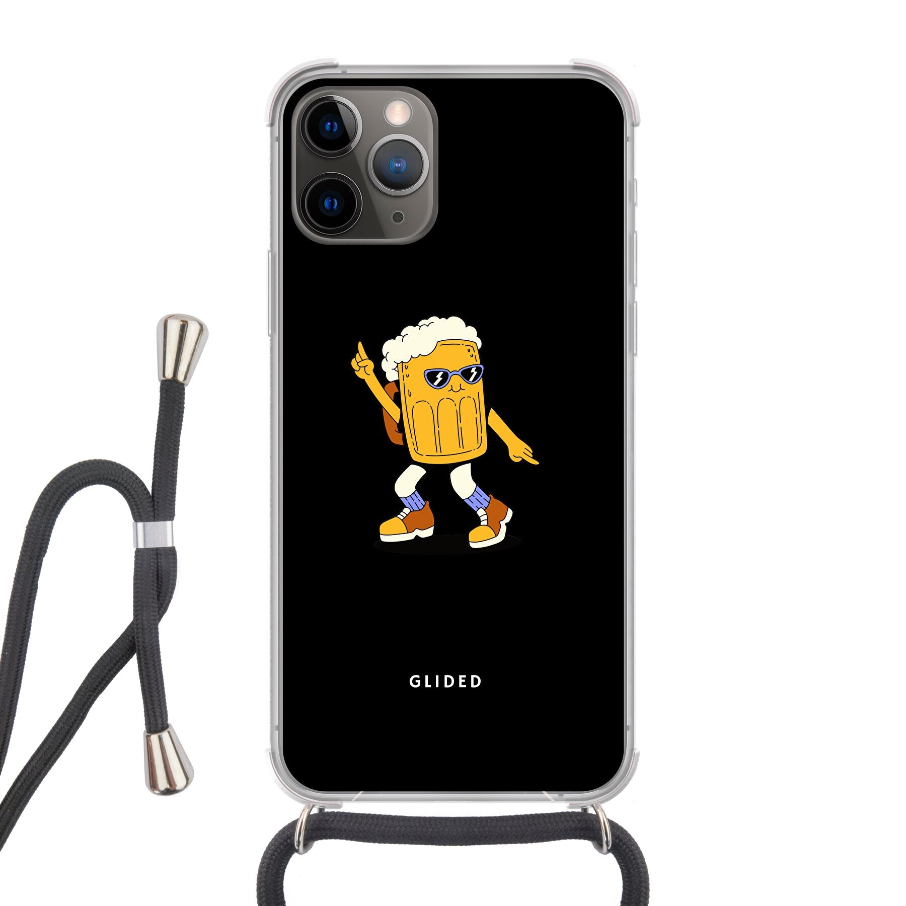 Brew Dance iPhone 11 Pro Handyhülle mit fröhlichem tanzendem Bier-Design auf lebhaftem Hintergrund.