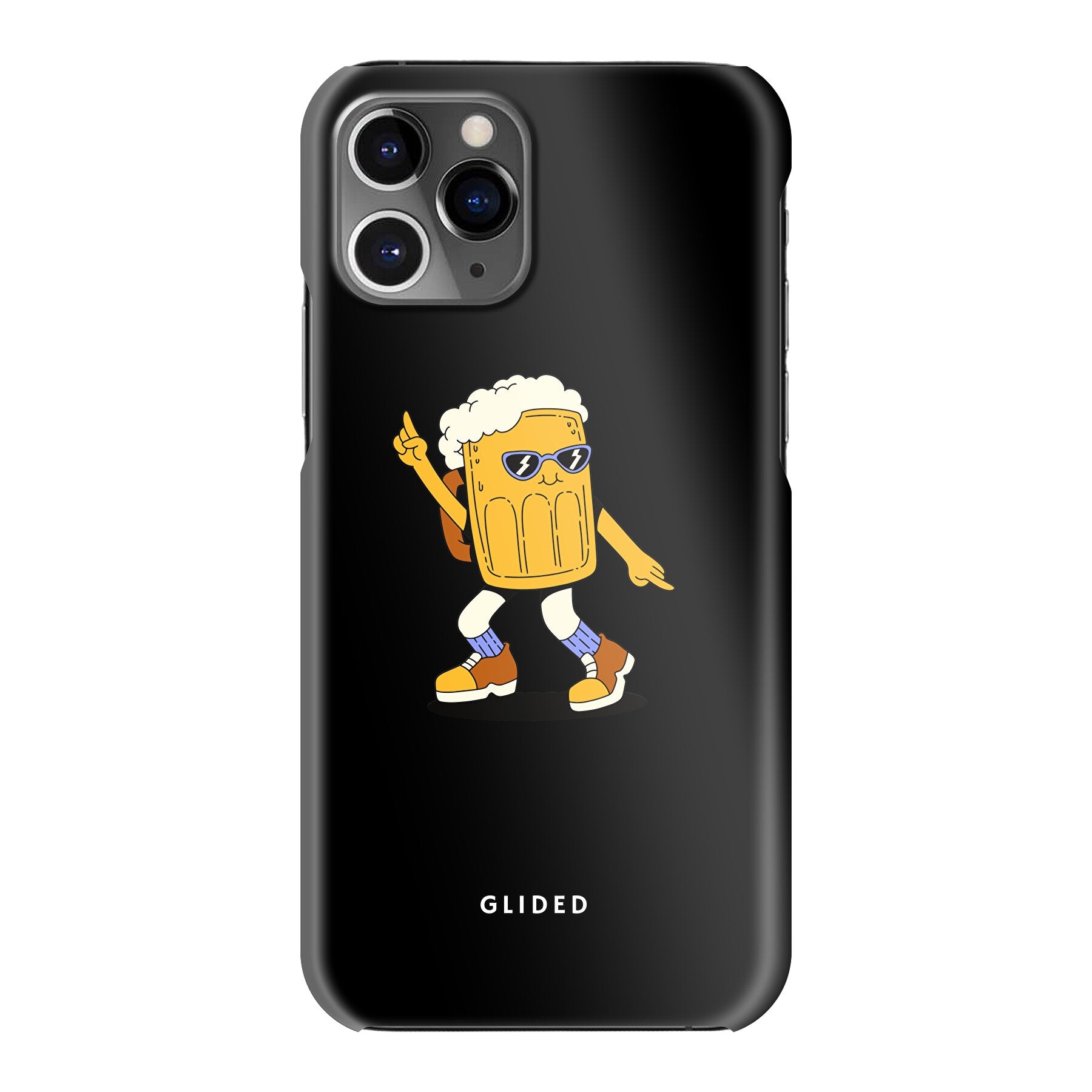 Brew Dance iPhone 11 Pro Handyhülle mit fröhlichem tanzendem Bier-Design auf lebhaftem Hintergrund.