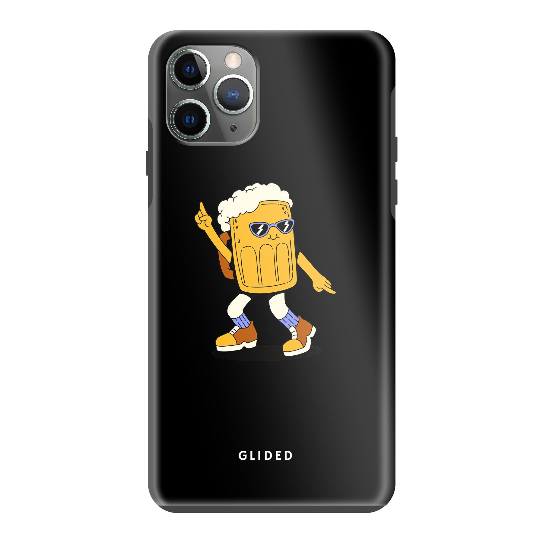 Brew Dance Handyhülle für iPhone 11 Pro Max mit einem fröhlichen tanzenden Bier-Design auf buntem Hintergrund.