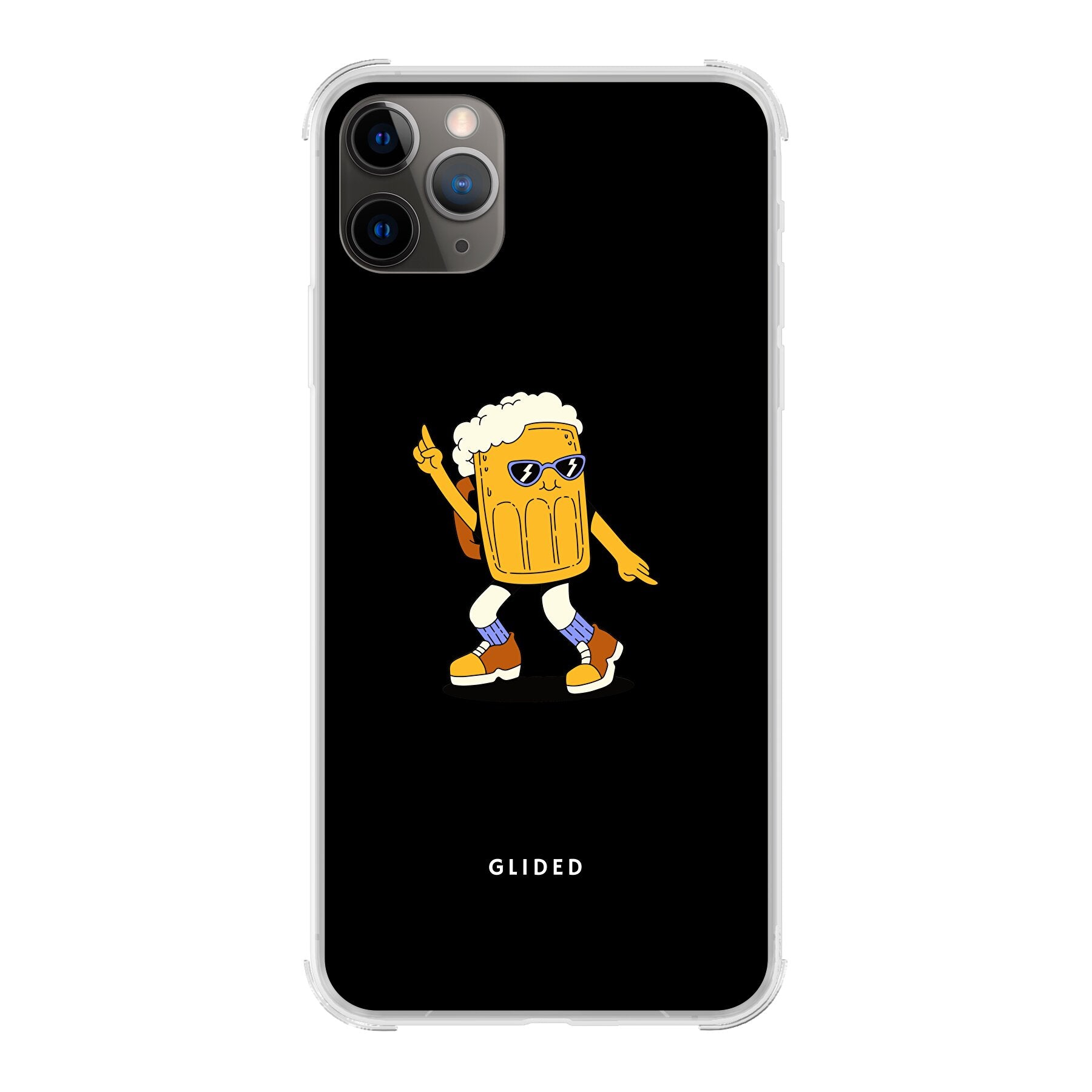 Brew Dance Handyhülle für iPhone 11 Pro Max mit einem fröhlichen tanzenden Bier-Design auf buntem Hintergrund.