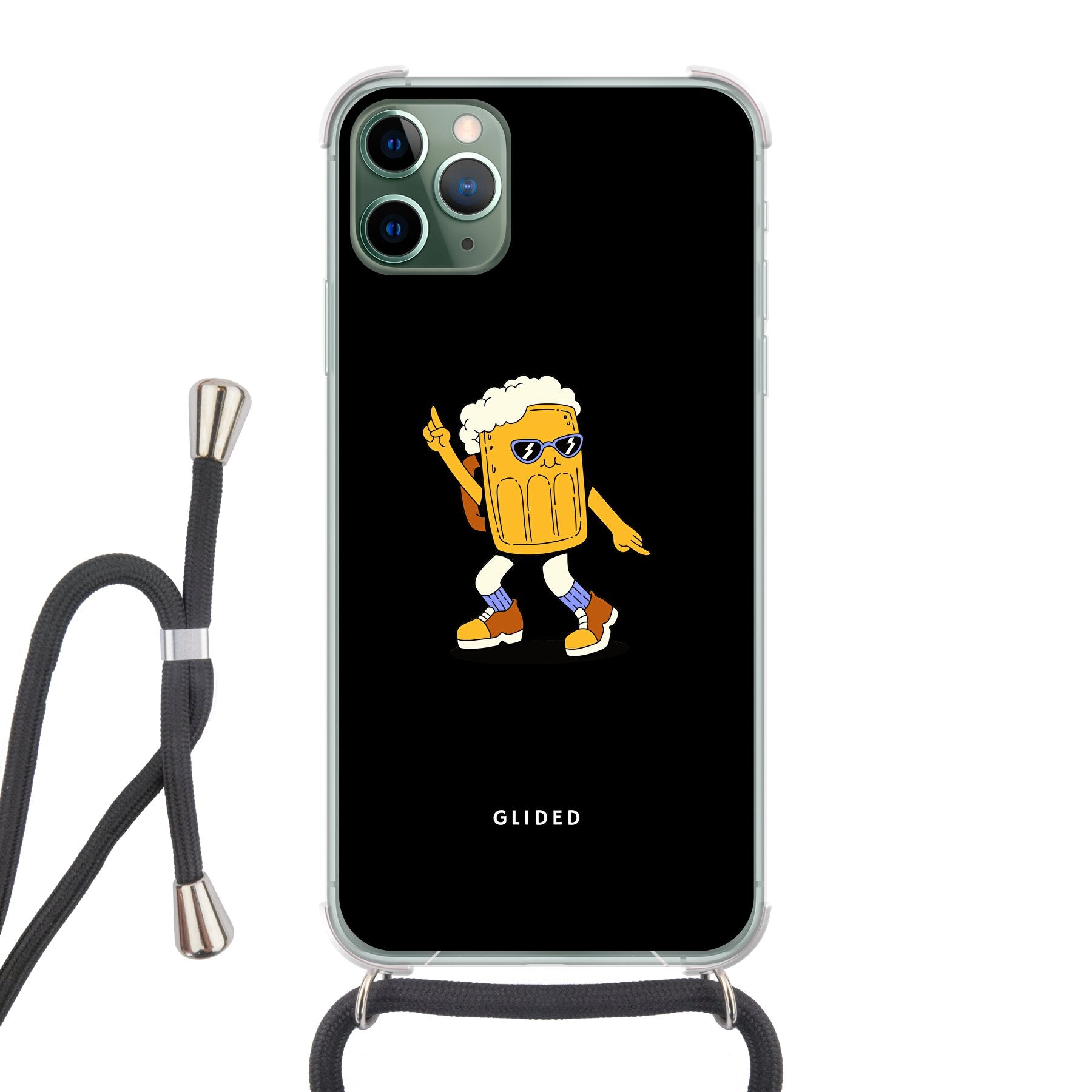 Brew Dance Handyhülle für iPhone 11 Pro Max mit einem fröhlichen tanzenden Bier-Design auf buntem Hintergrund.