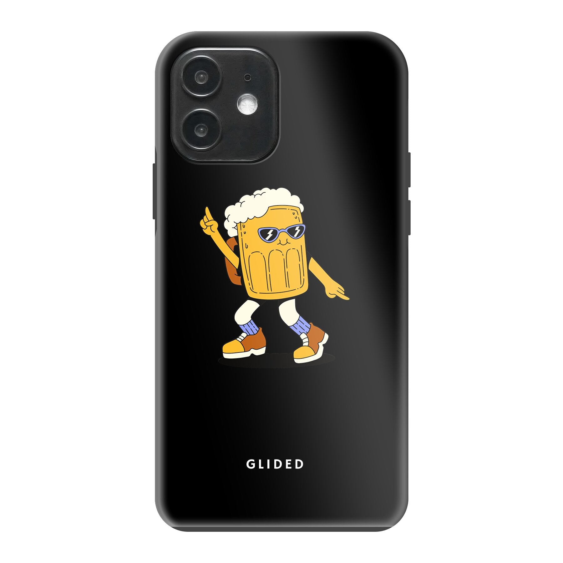 Brew Dance iPhone 12 Handyhülle mit fröhlichem tanzendem Bierdesign auf lebendigem Hintergrund.