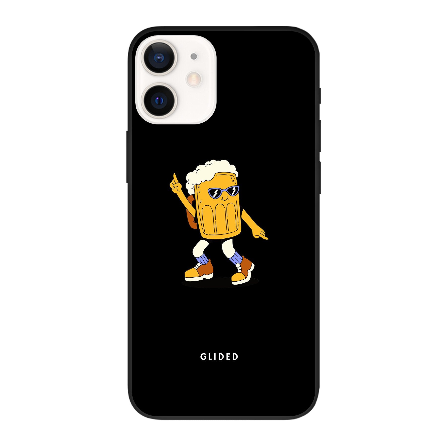 Brew Dance iPhone 12 Handyhülle mit fröhlichem tanzendem Bierdesign auf lebendigem Hintergrund.