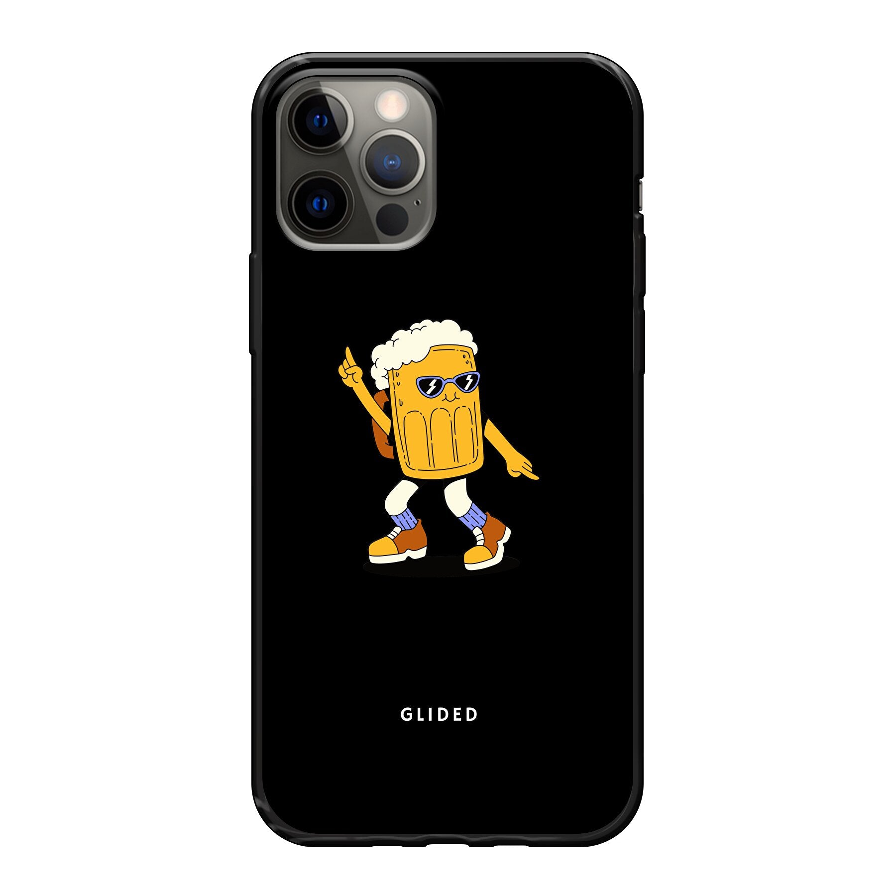 Brew Dance iPhone 12 Handyhülle mit fröhlichem tanzendem Bierdesign auf lebendigem Hintergrund.