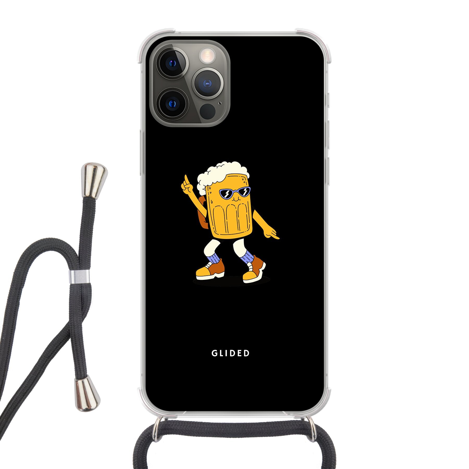 Brew Dance iPhone 12 Handyhülle mit fröhlichem tanzendem Bierdesign auf lebendigem Hintergrund.