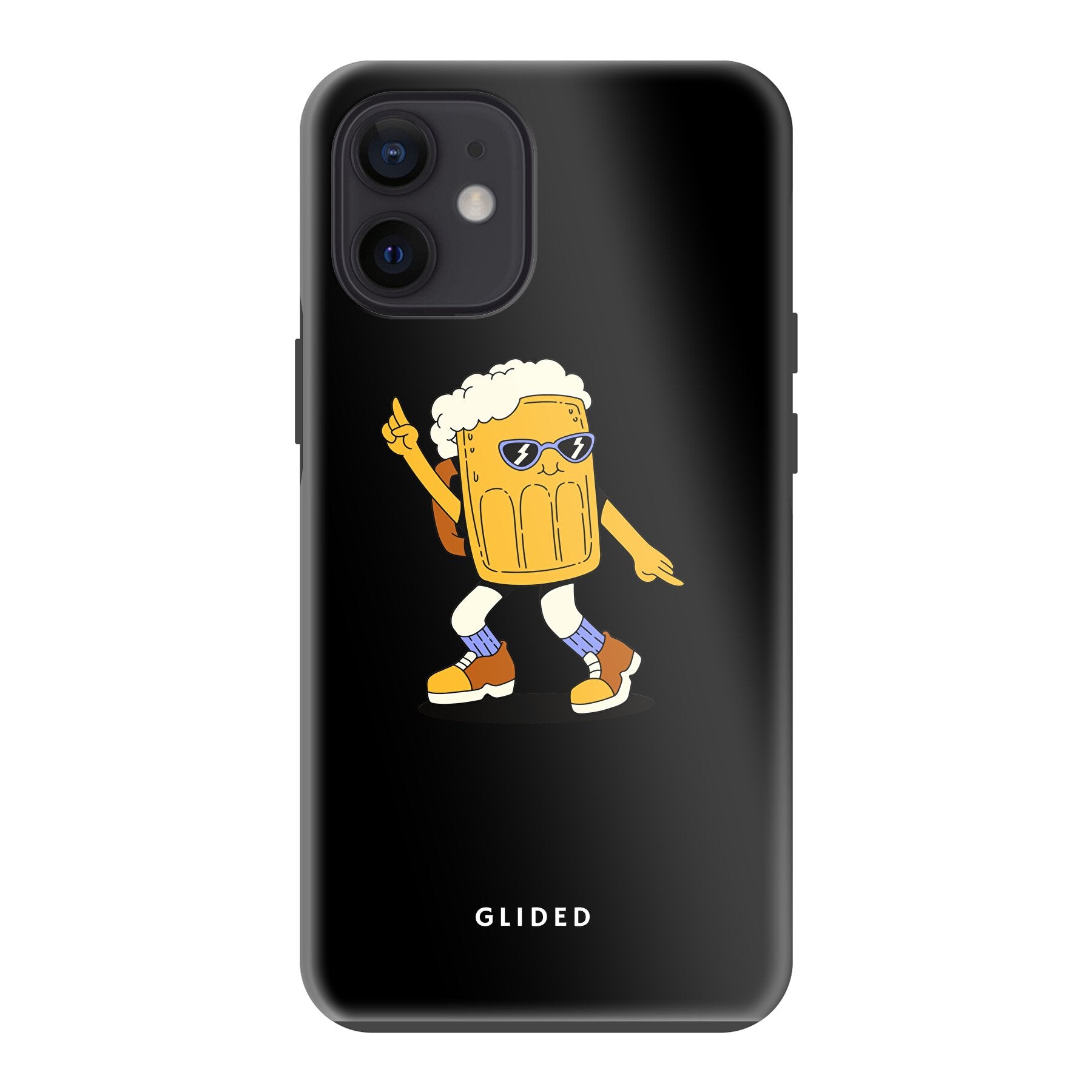 Brew Dance Handyhülle für iPhone 12 mini mit einem fröhlichen tanzenden Bier-Design auf lebhaftem Hintergrund.