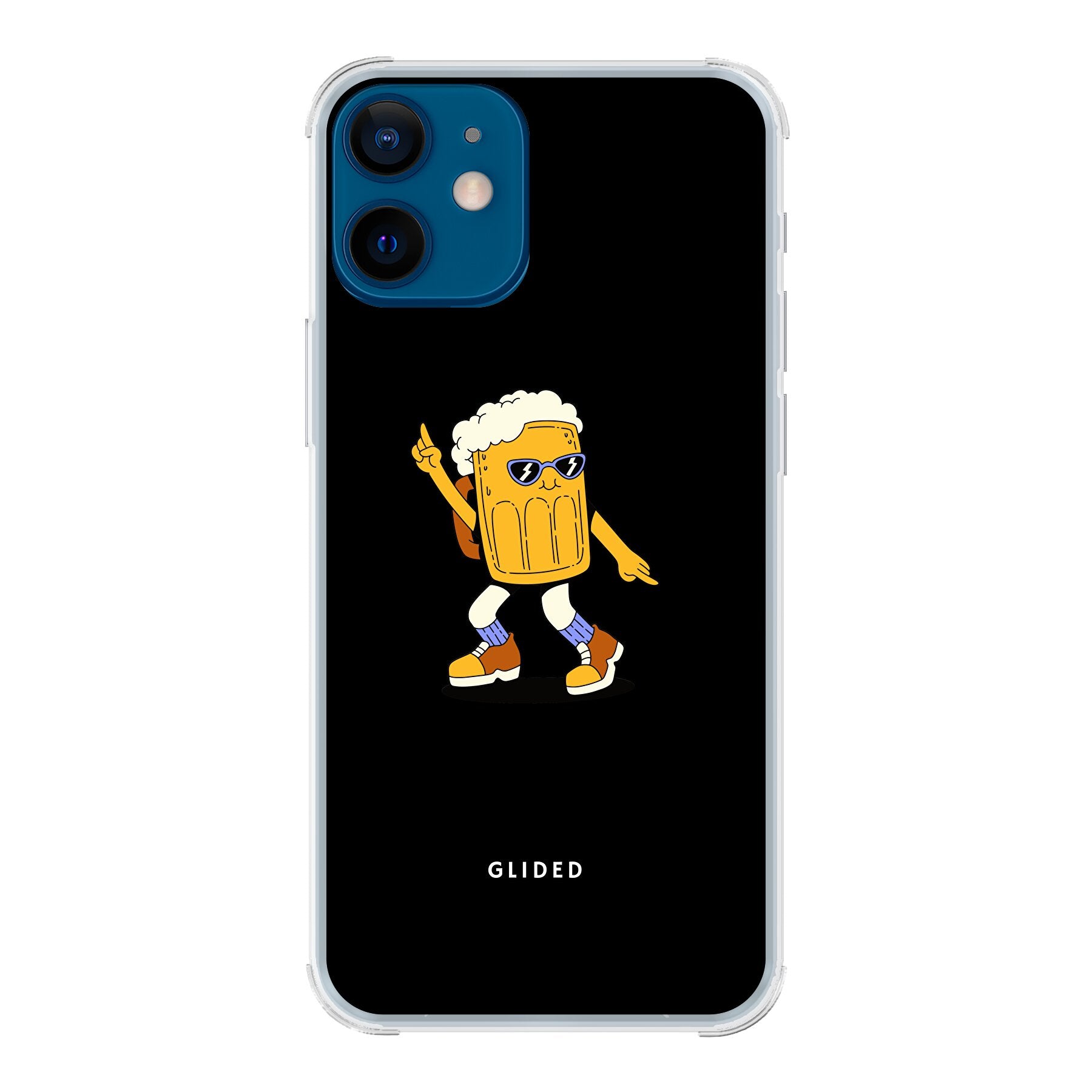 Brew Dance Handyhülle für iPhone 12 mini mit einem fröhlichen tanzenden Bier-Design auf lebhaftem Hintergrund.