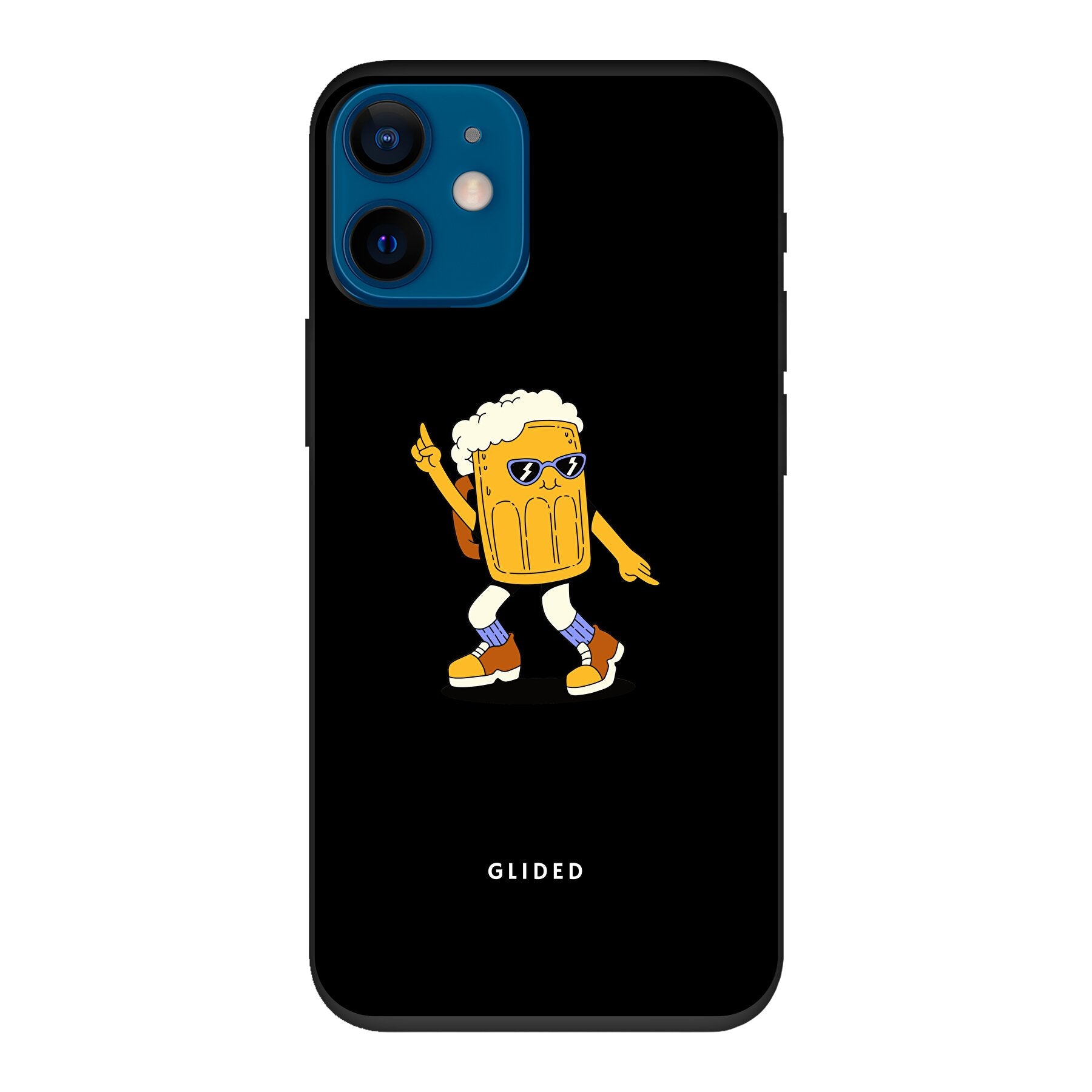 Brew Dance Handyhülle für iPhone 12 mini mit einem fröhlichen tanzenden Bier-Design auf lebhaftem Hintergrund.