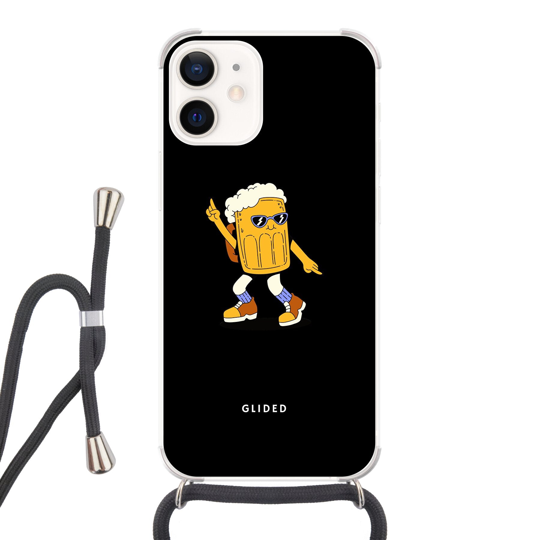 Brew Dance Handyhülle für iPhone 12 mini mit einem fröhlichen tanzenden Bier-Design auf lebhaftem Hintergrund.