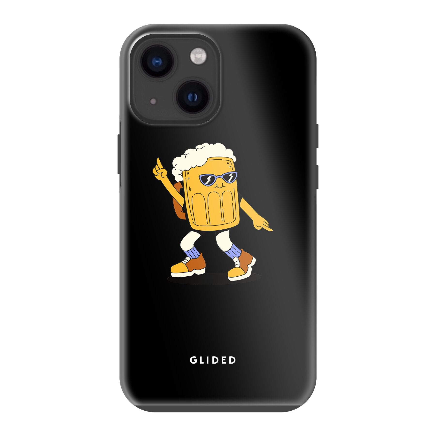 Brew Dance iPhone 13 mini Handyhülle mit fröhlichem tanzendem Bierdesign auf lebendigem Hintergrund.