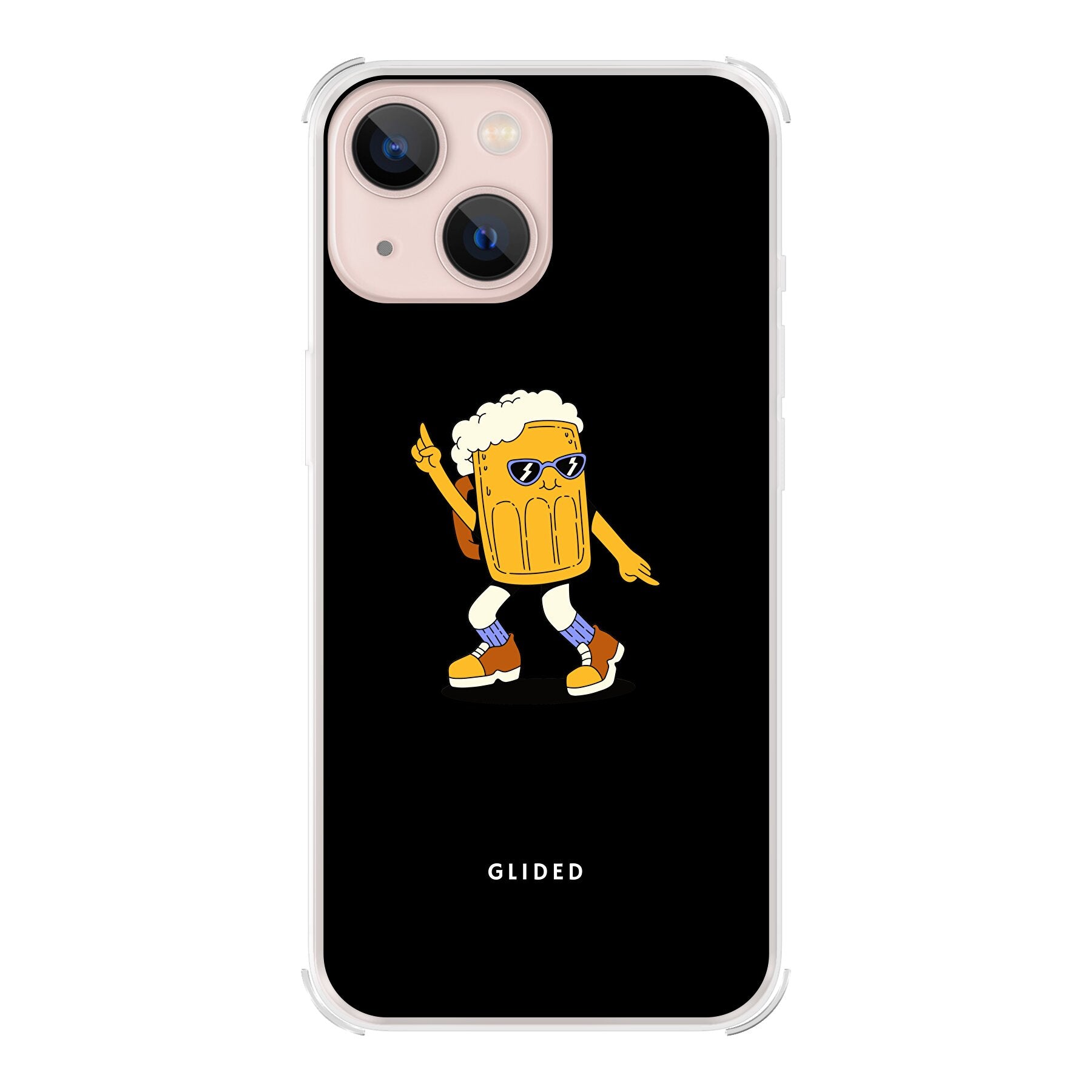 Brew Dance iPhone 13 mini Handyhülle mit fröhlichem tanzendem Bierdesign auf lebendigem Hintergrund.