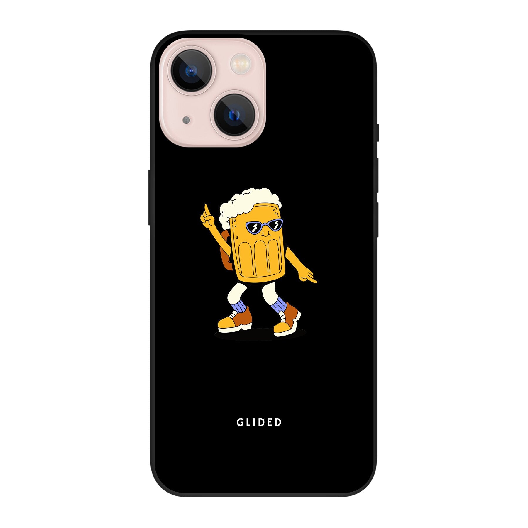 Brew Dance iPhone 13 mini Handyhülle mit fröhlichem tanzendem Bierdesign auf lebendigem Hintergrund.