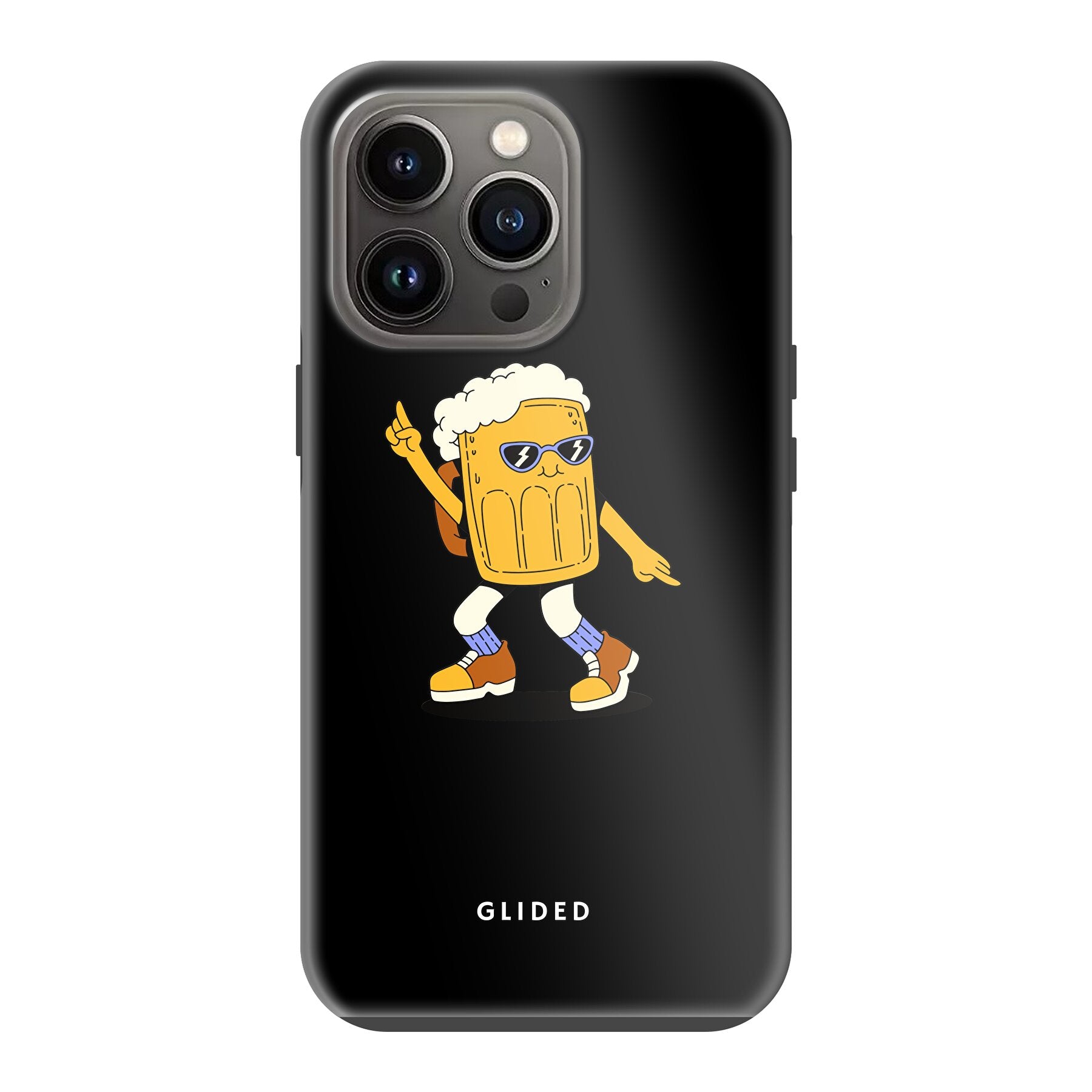 Brew Dance iPhone 13 Pro Handyhülle mit tanzendem Bierdesign auf buntem Hintergrund.