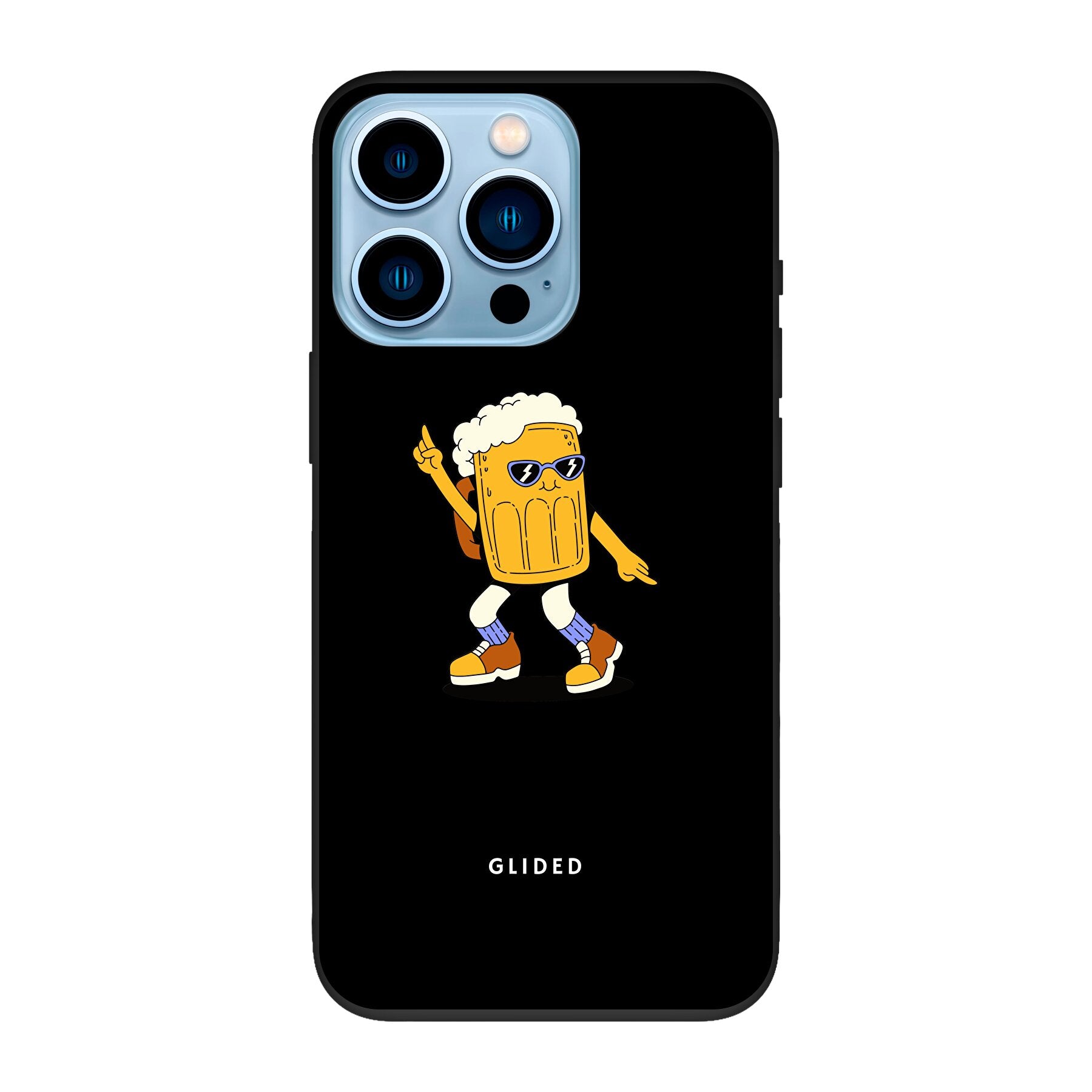 Brew Dance iPhone 13 Pro Handyhülle mit tanzendem Bierdesign auf buntem Hintergrund.