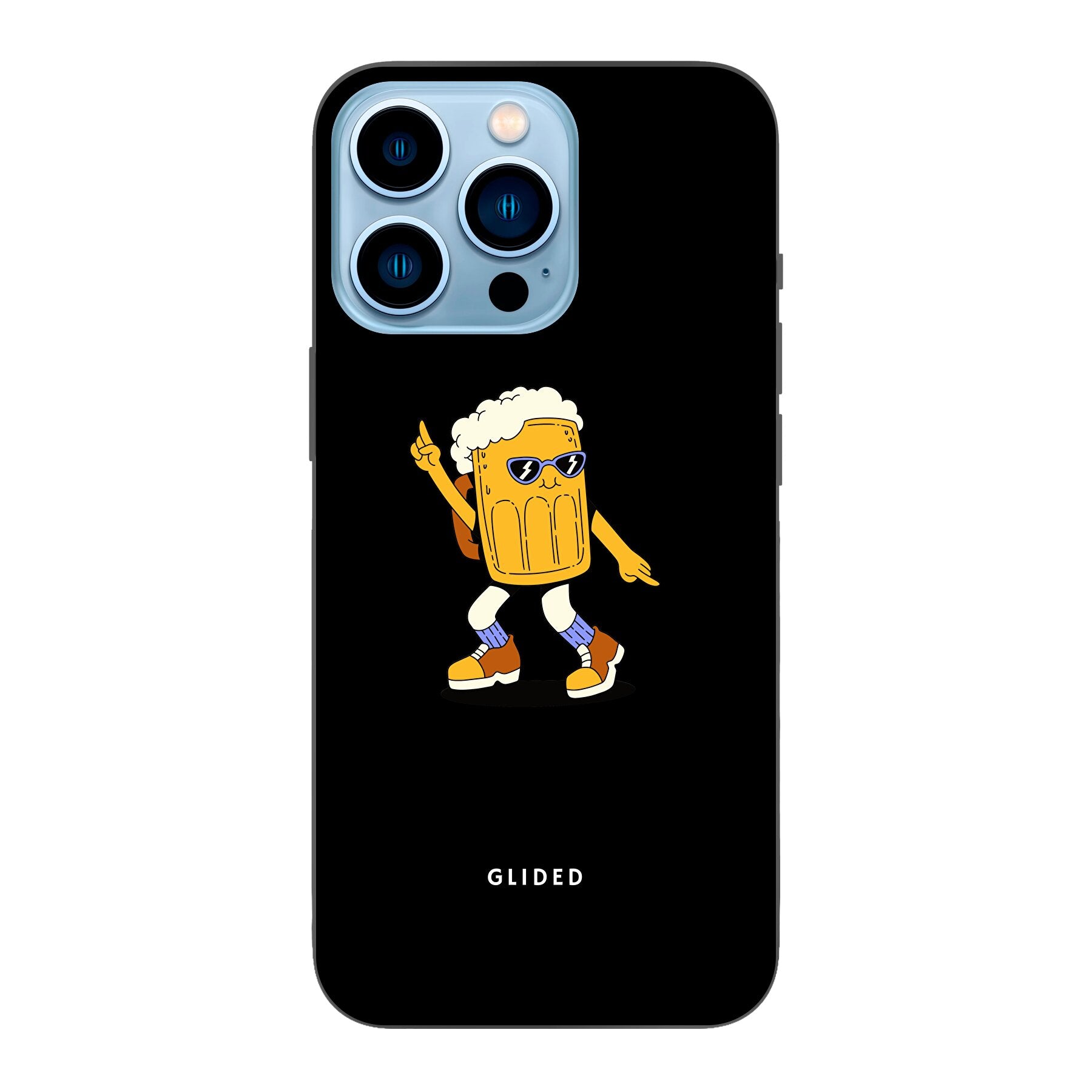 Brew Dance iPhone 13 Pro Handyhülle mit tanzendem Bierdesign auf buntem Hintergrund.