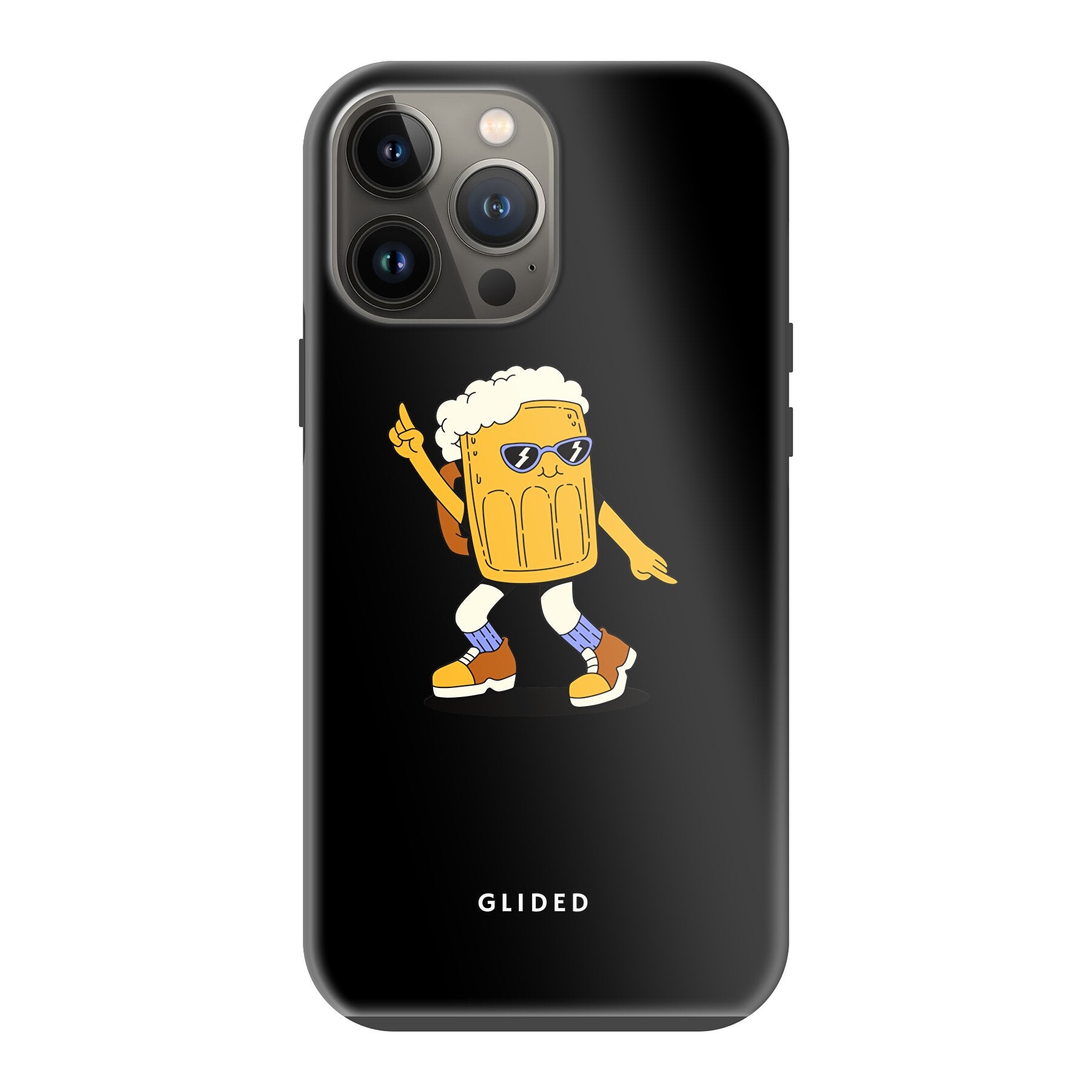 Brew Dance Handyhülle für iPhone 13 Pro Max mit einem fröhlichen tanzenden Bier auf buntem Hintergrund.